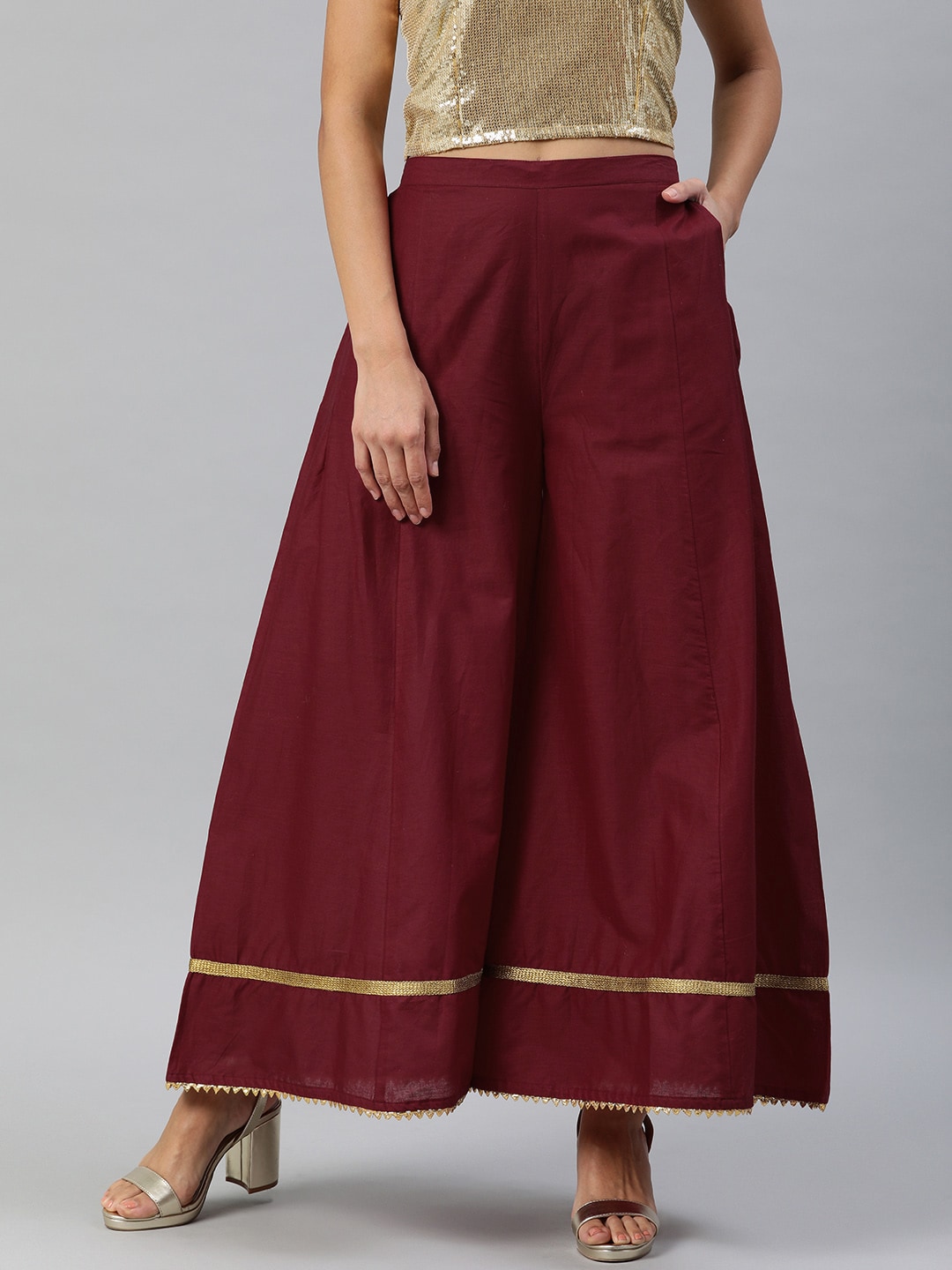 Inddus Maroon Cotton Flared Palazzos with Taping Detail Price in India