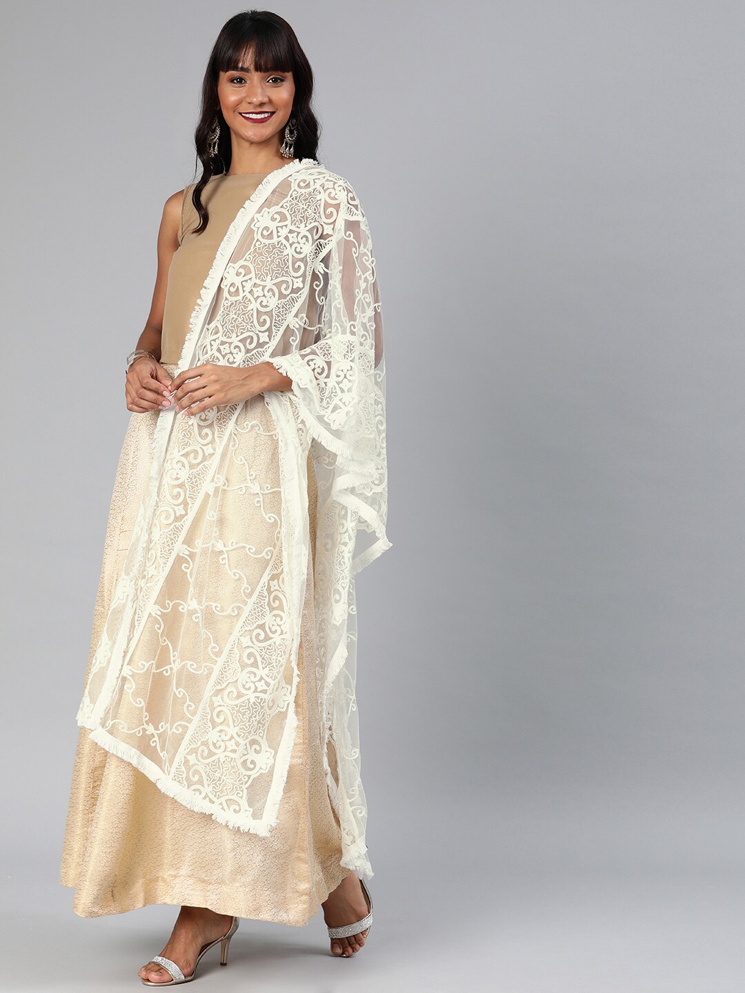 Inddus White Net Embroidered Dupatta with Fringed Border Price in India