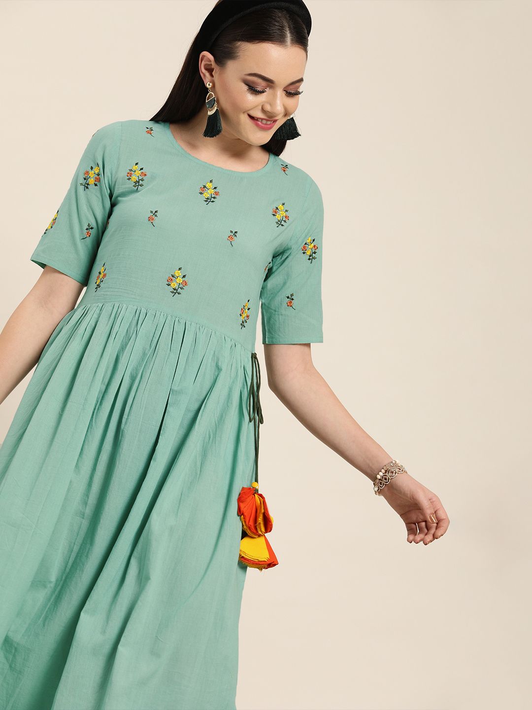 Jaipur Kurti Women Sea Green Embroidered Fit and Flare Dress With Tie-Up Detail