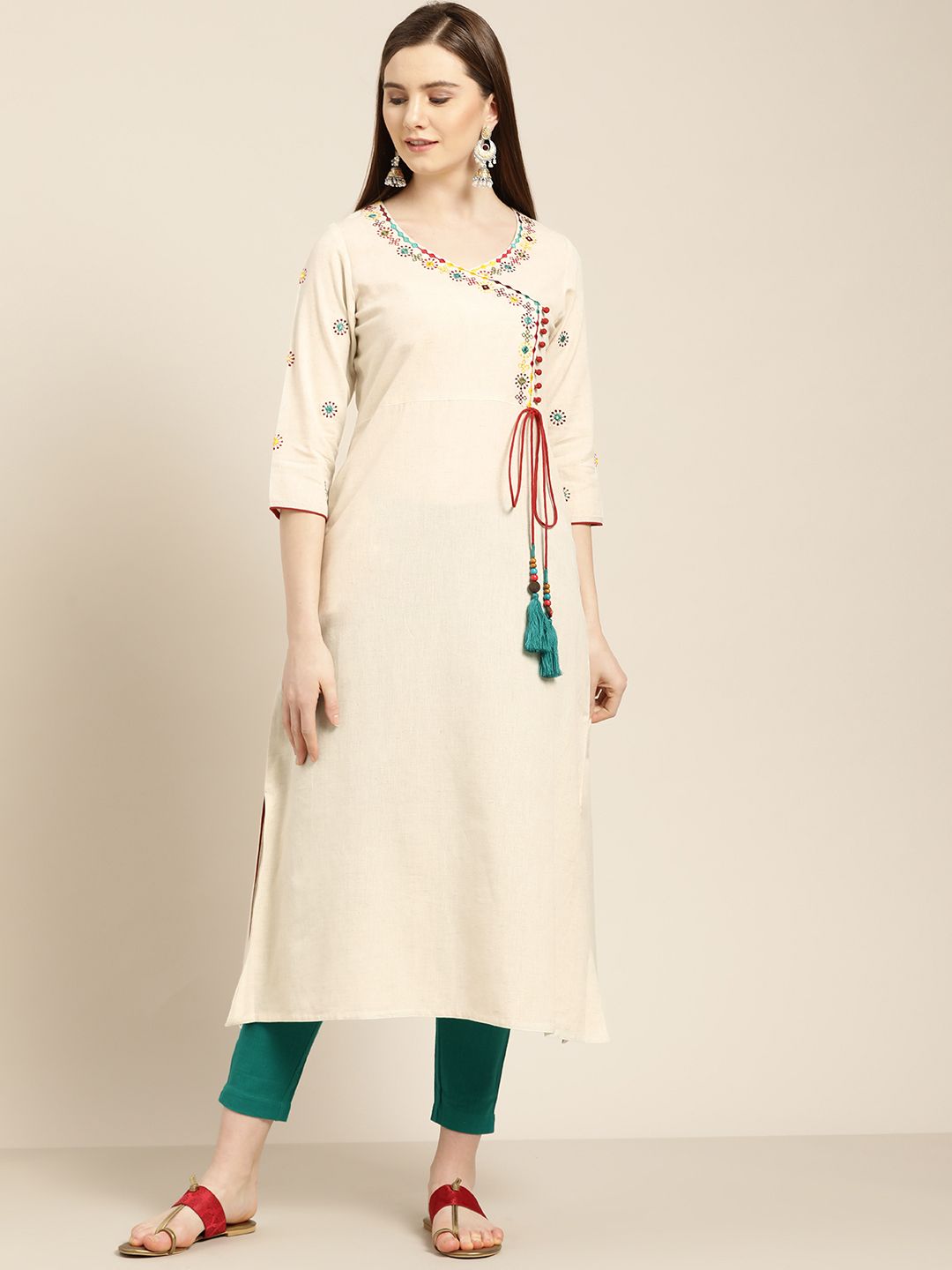 Jaipur Kurti Women Off-White & Green Solid Angrakha Kurta with Trousers Price in India
