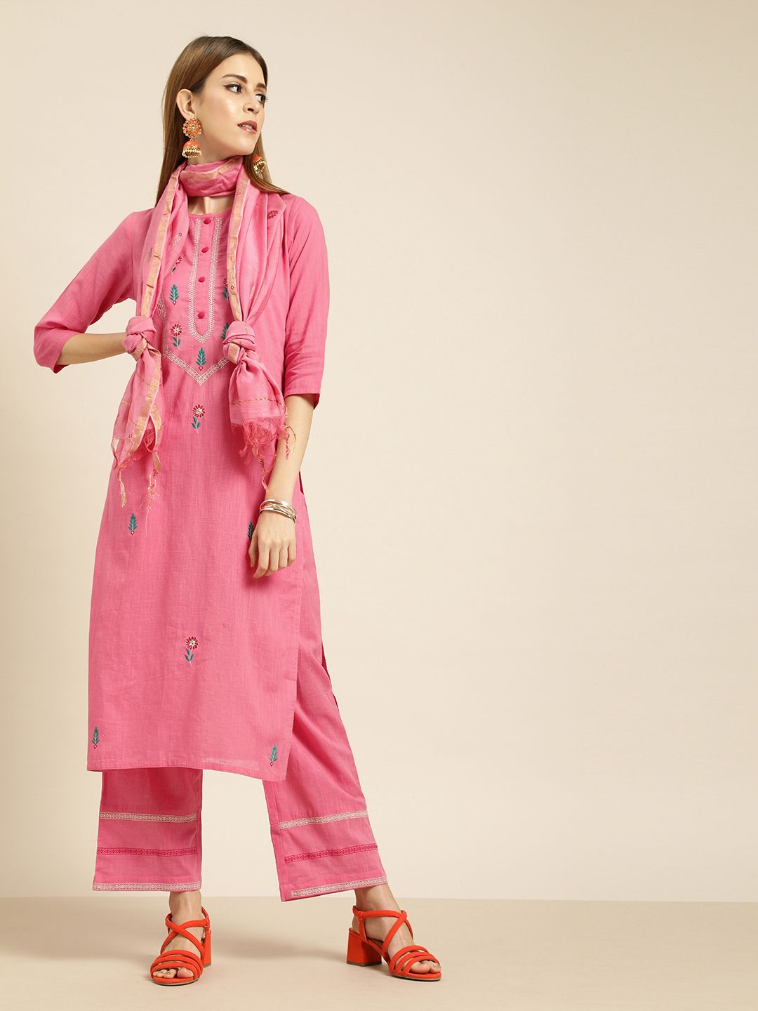 Jaipur Kurti Women Pink Embroidered Kurta with Palazzos & Dupatta Price in India