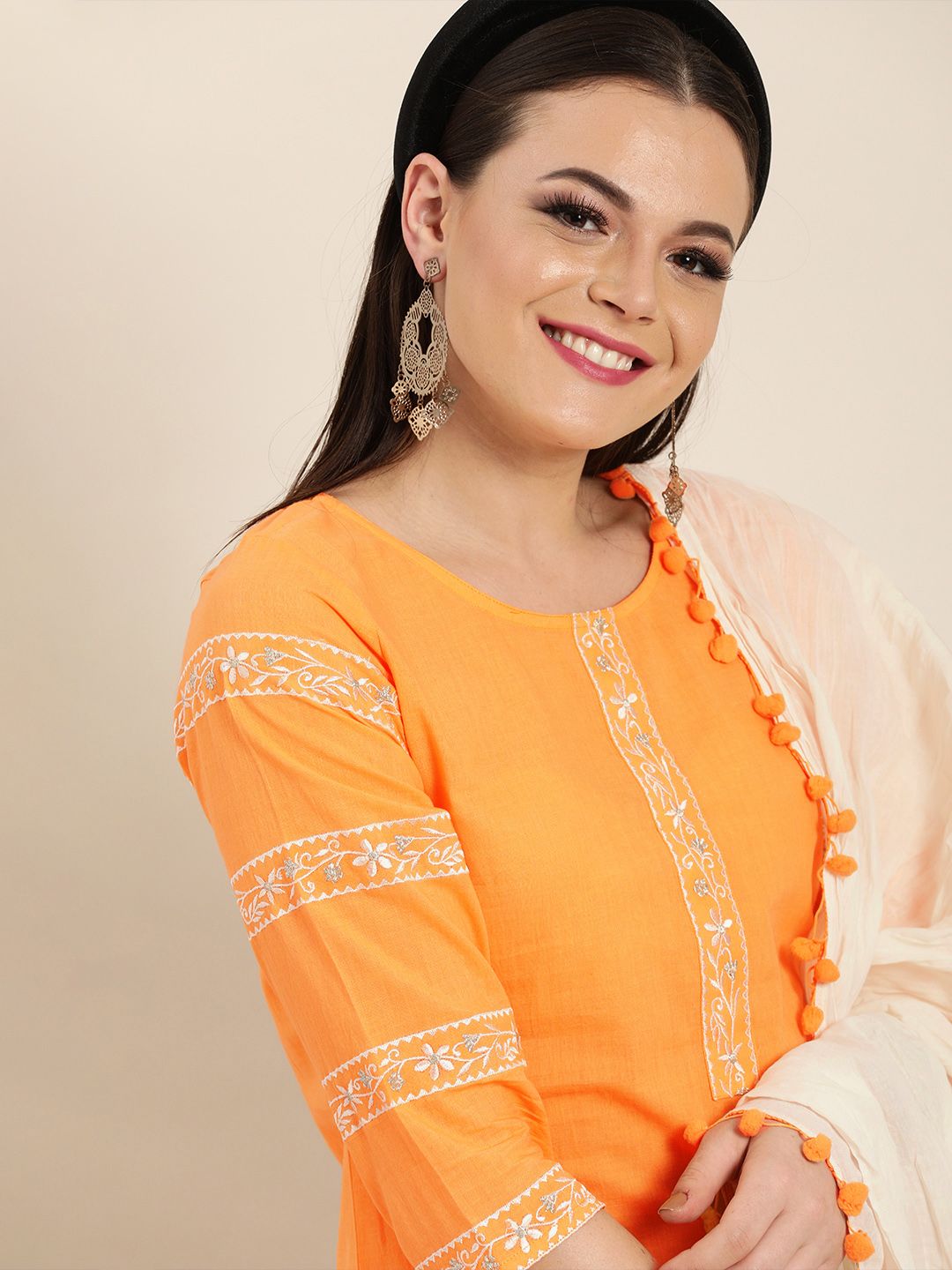 Jaipur Kurti Women Orange Solid Kurta with Trousers & Dupatta Price in India