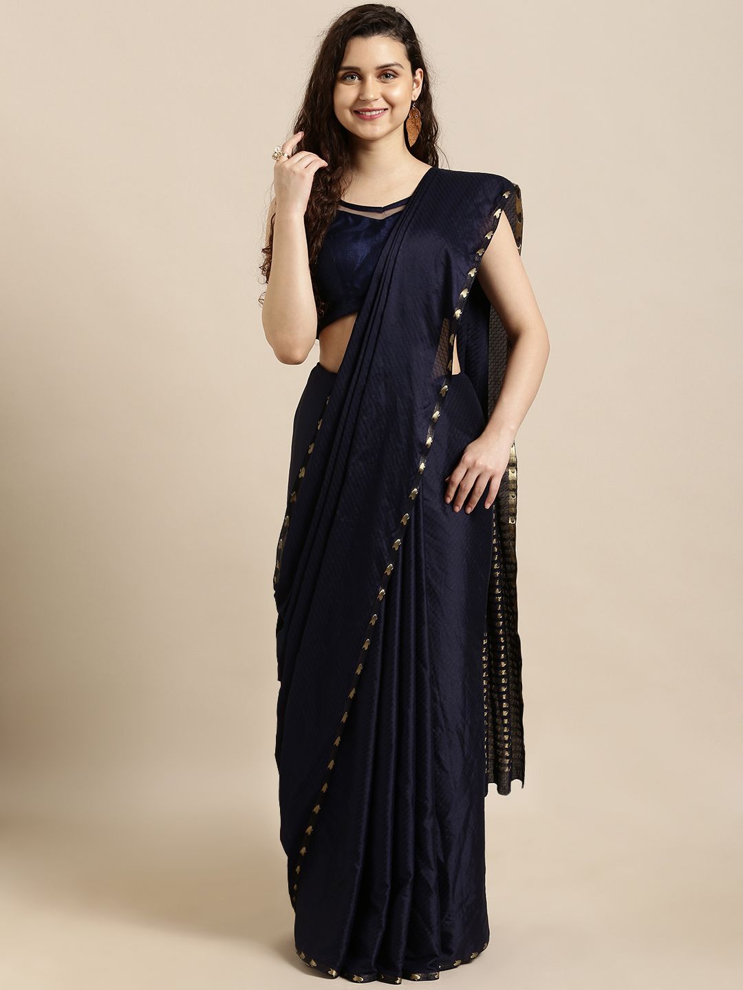 Mitera Navy Blue Poly Crepe Woven Design Mysore Silk Saree Price in India