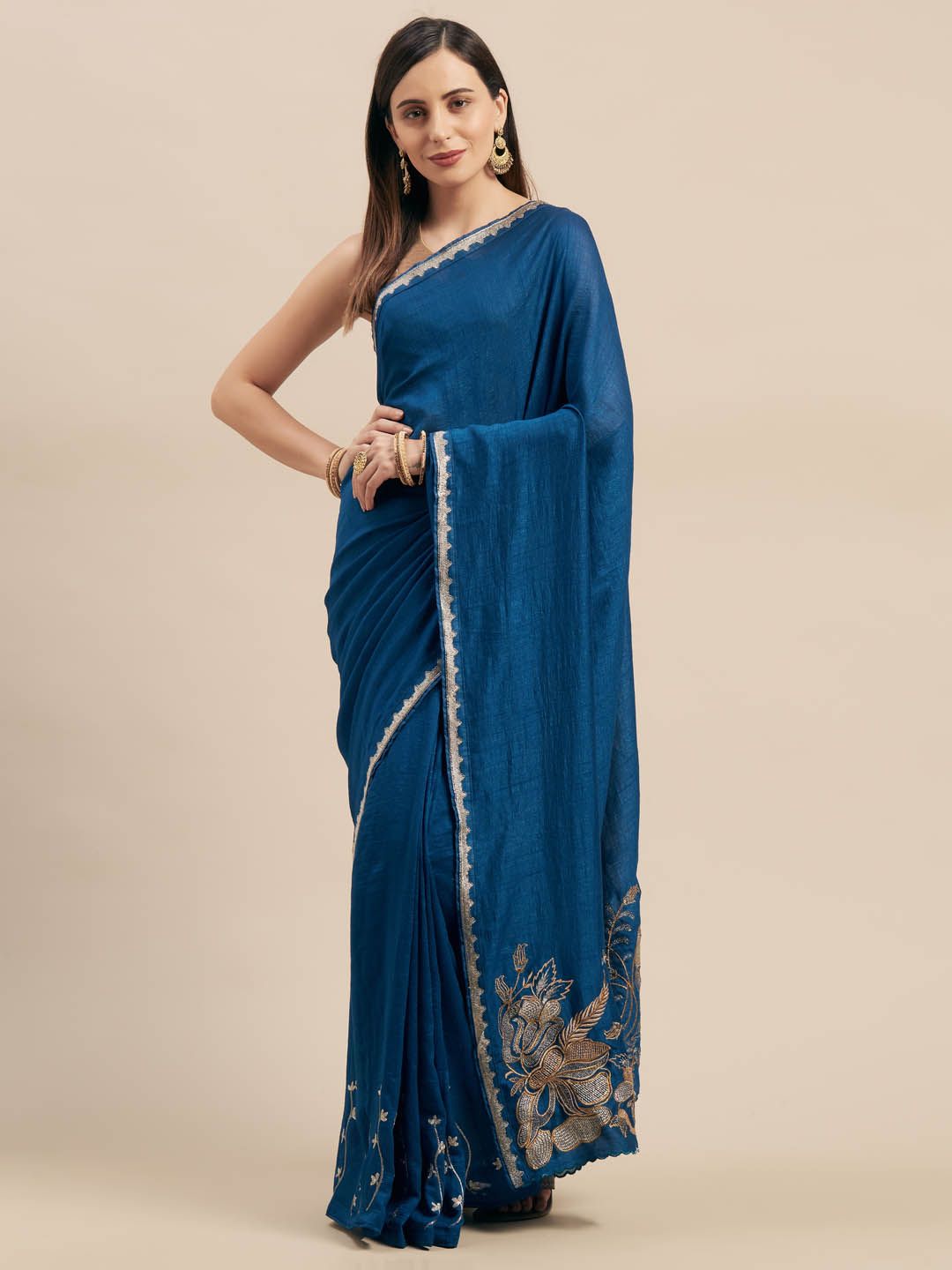 Mitera Blue Floral Solid Silk Blend Saree With Embroidered Border Price in India