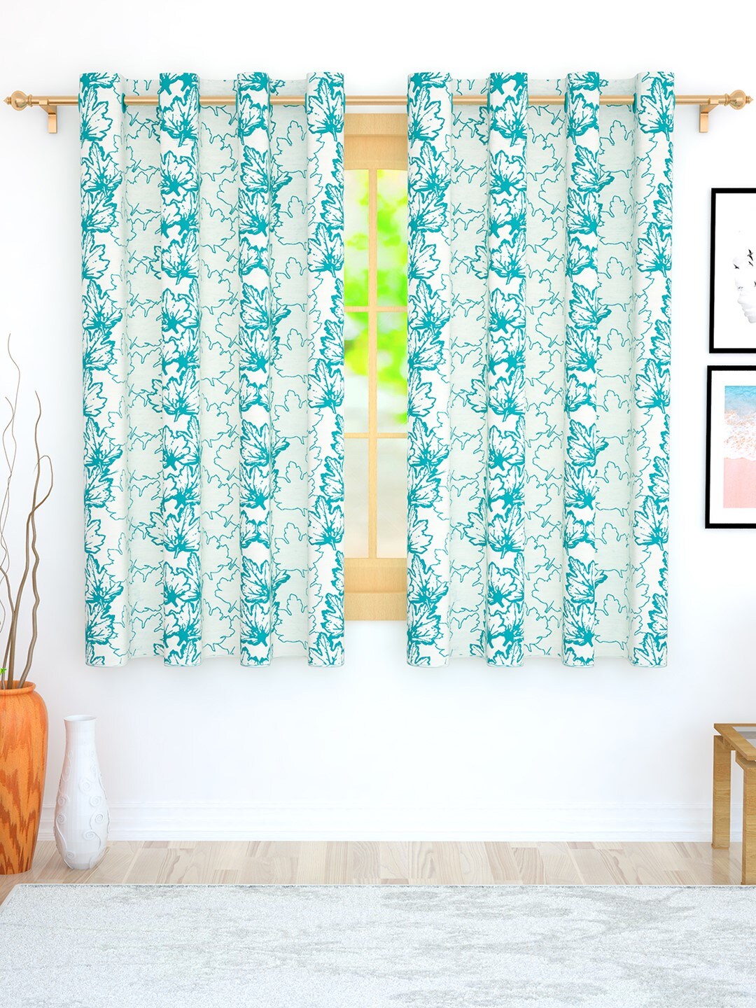 Story@home Turquoise Blue & Off-White Set of 2 Jacquard Textured Window Curtains Price in India