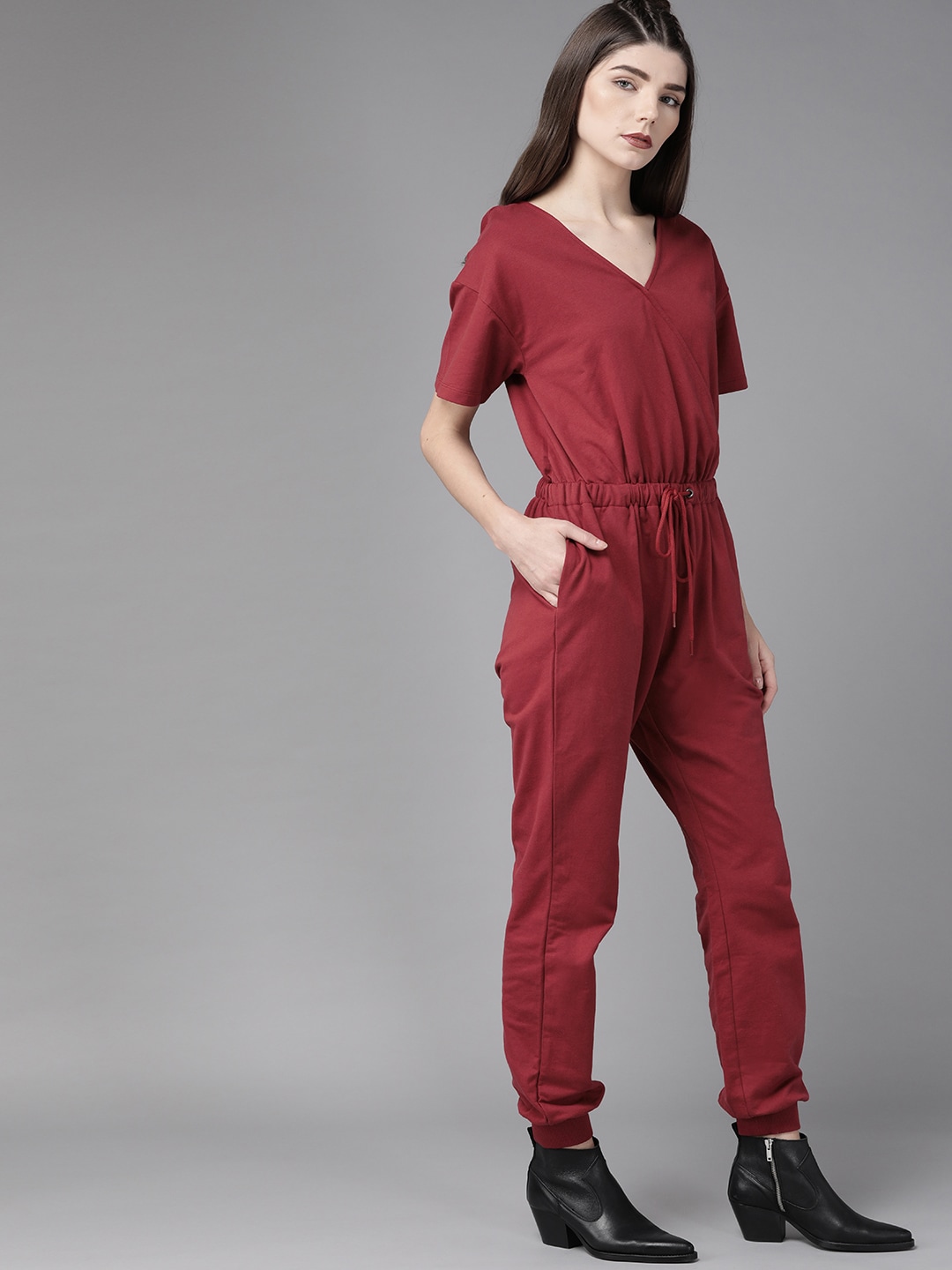 Roadster Women Maroon Solid Basic Jumpsuit Price in India