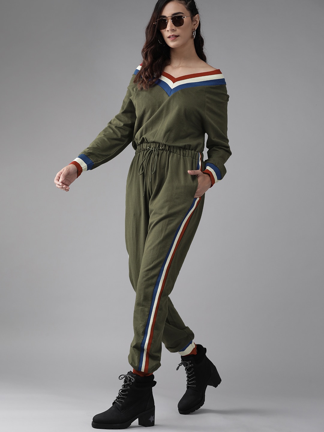 Roadster Women Olive Green Pure Cotton Solid Joggers Jumpsuit Price in India
