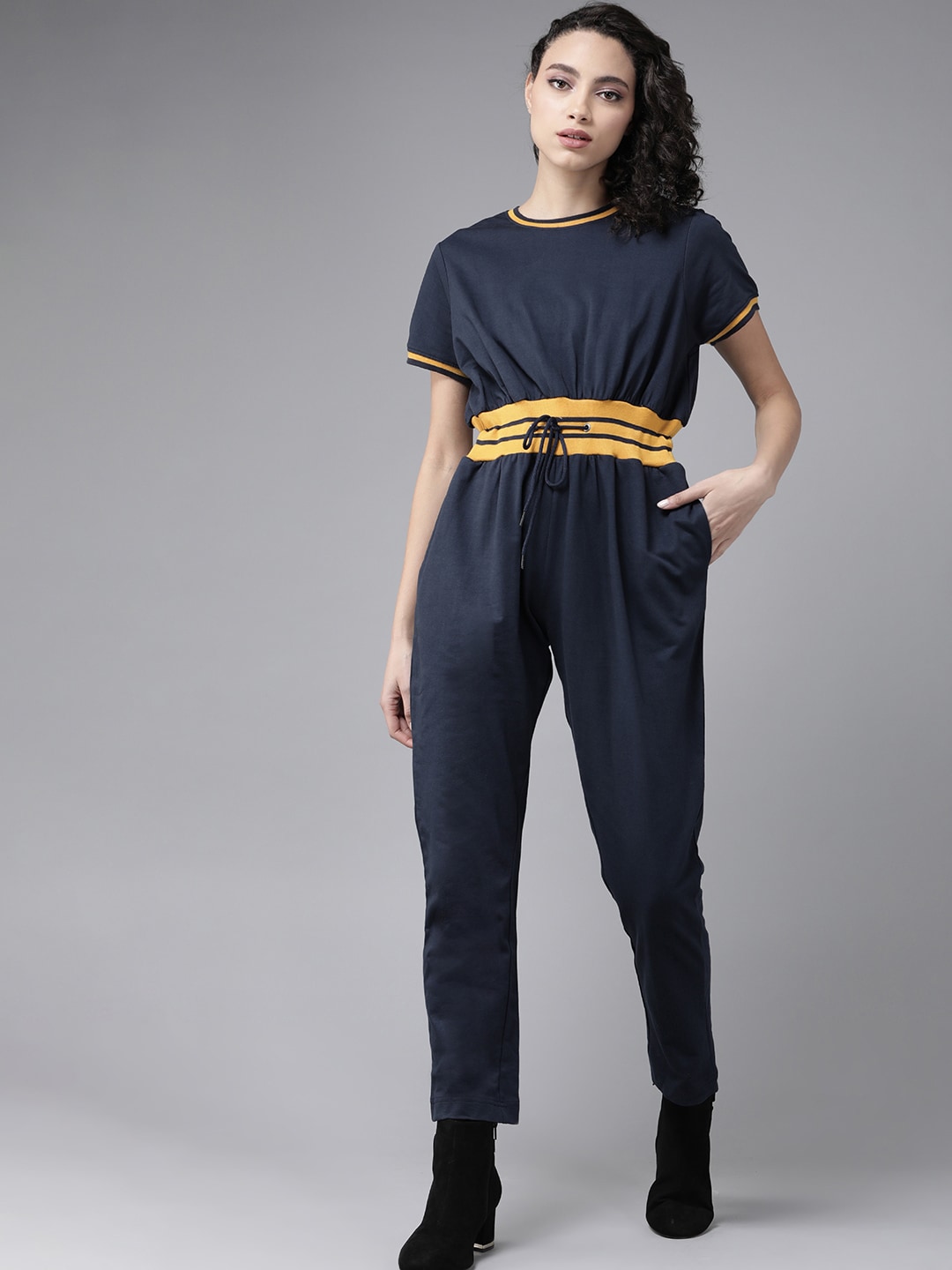 Roadster Women Navy Blue Pure Cotton Solid Basic Jumpsuit Price in India