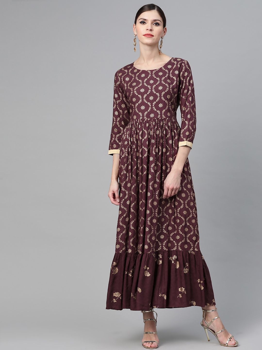 See Designs Women Burgundy & Golden Printed Maxi Dress Price in India