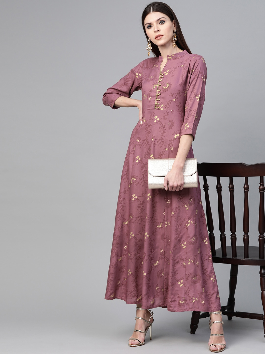 See Designs Women Mauve & Golden Printed Maxi Dress Price in India