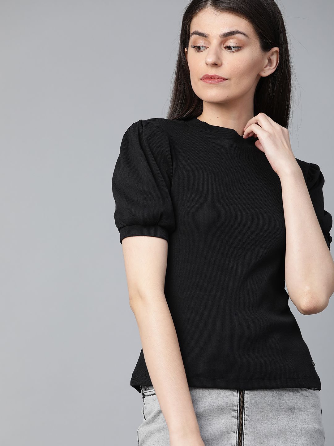 Roadster Women Black Ribbed Pure Cotton Top Price in India