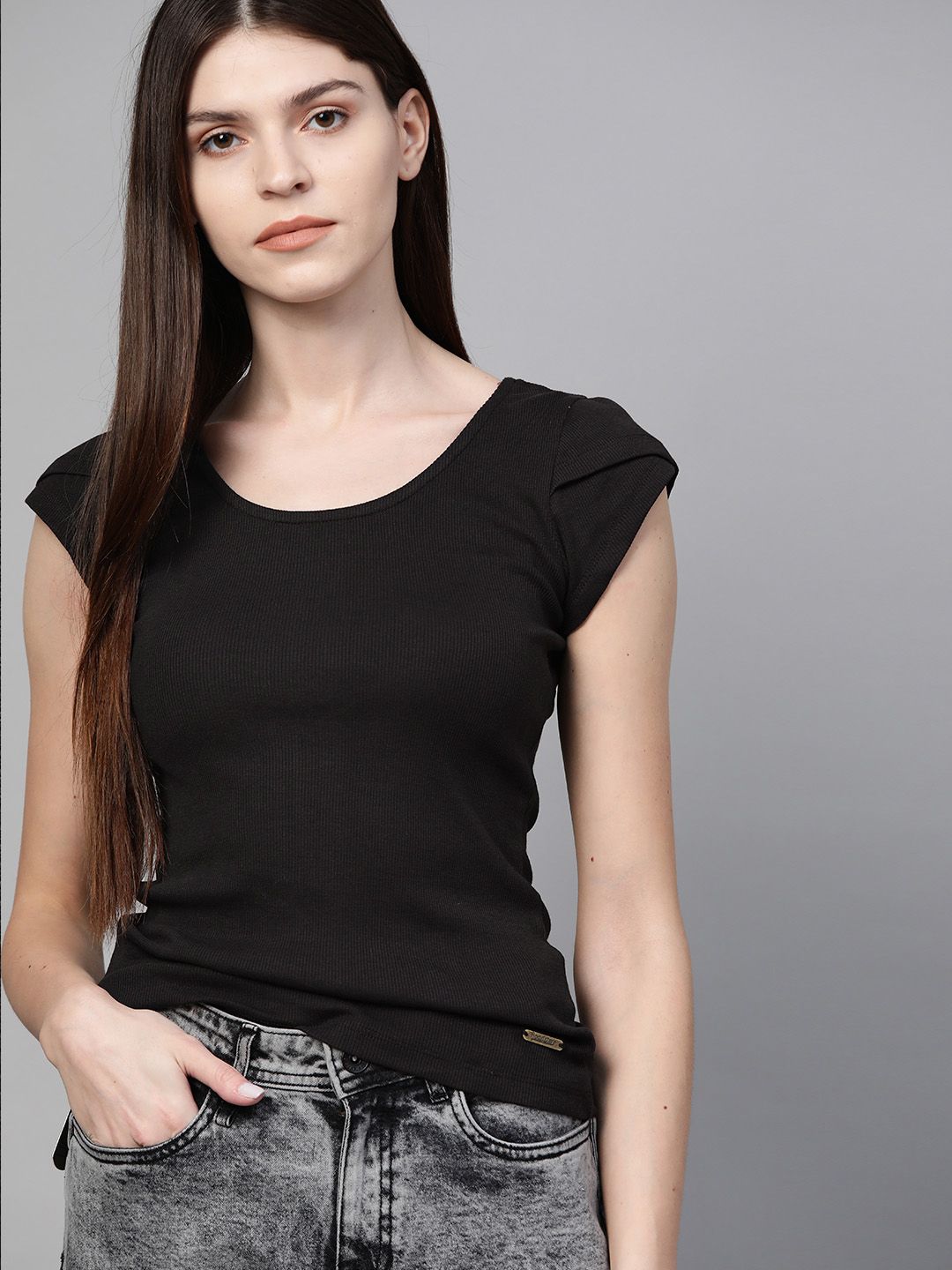 Roadster Women Black Ribbed Top Price in India