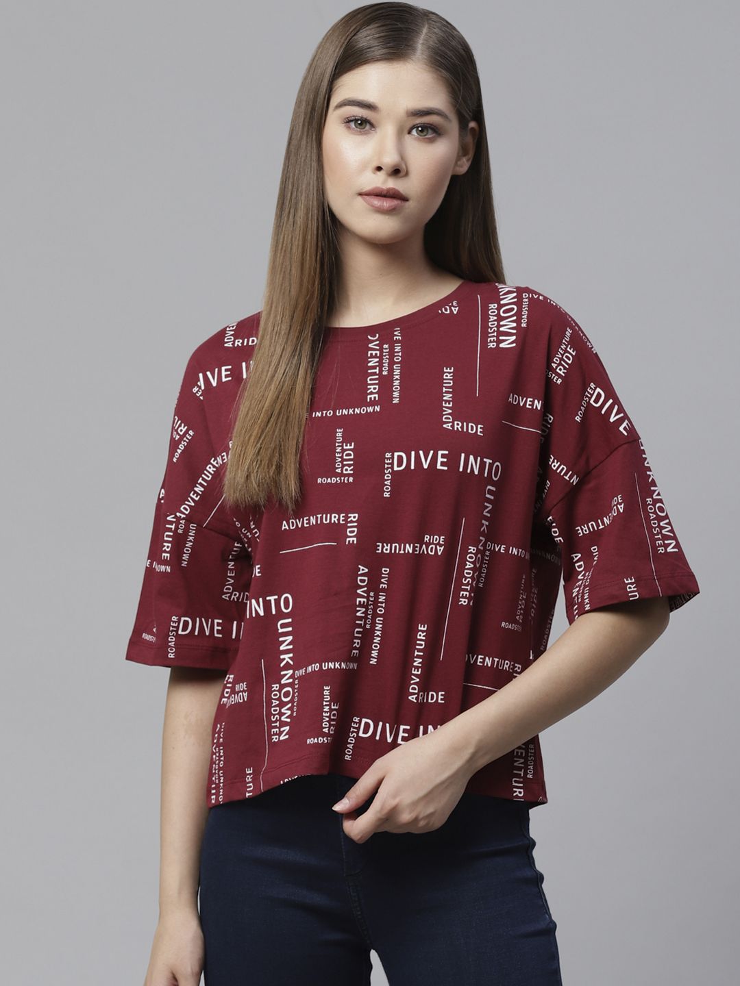 Roadster Women Burgundy & White Printed Round Neck T-shirt