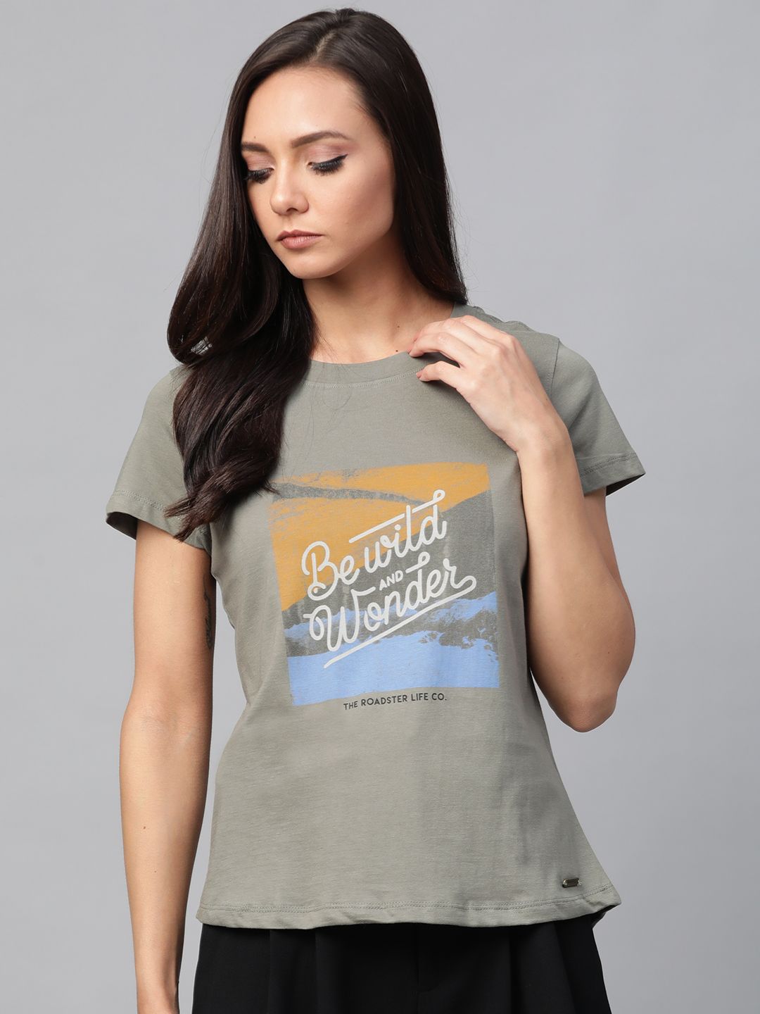 Roadster Women Grey Printed Round Neck T-shirt