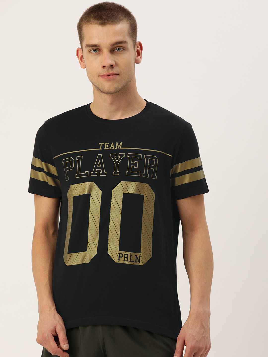 Proline Active Men Black & Gold-Coloured Printed Round Neck T-shirt