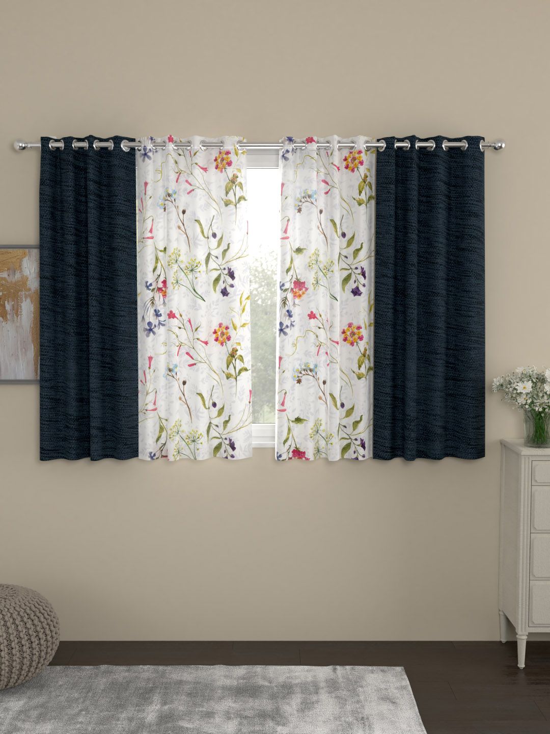ROSARA HOME Set of 4 Navy Blue & White Window Curtains Price in India