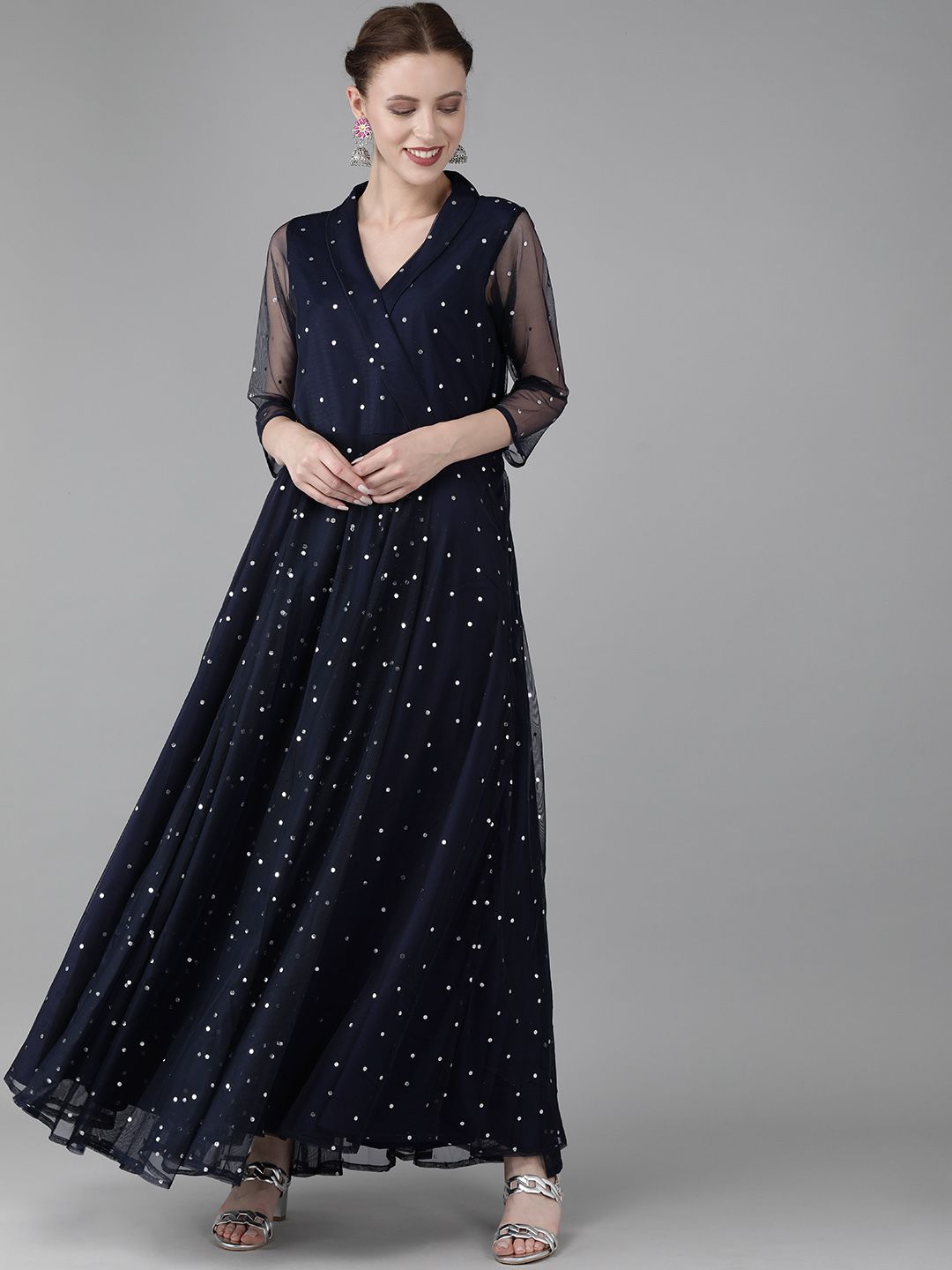 Ahalyaa Navy Blue & Silver Toned Polka Dots Printed Maxi Dress Price in India