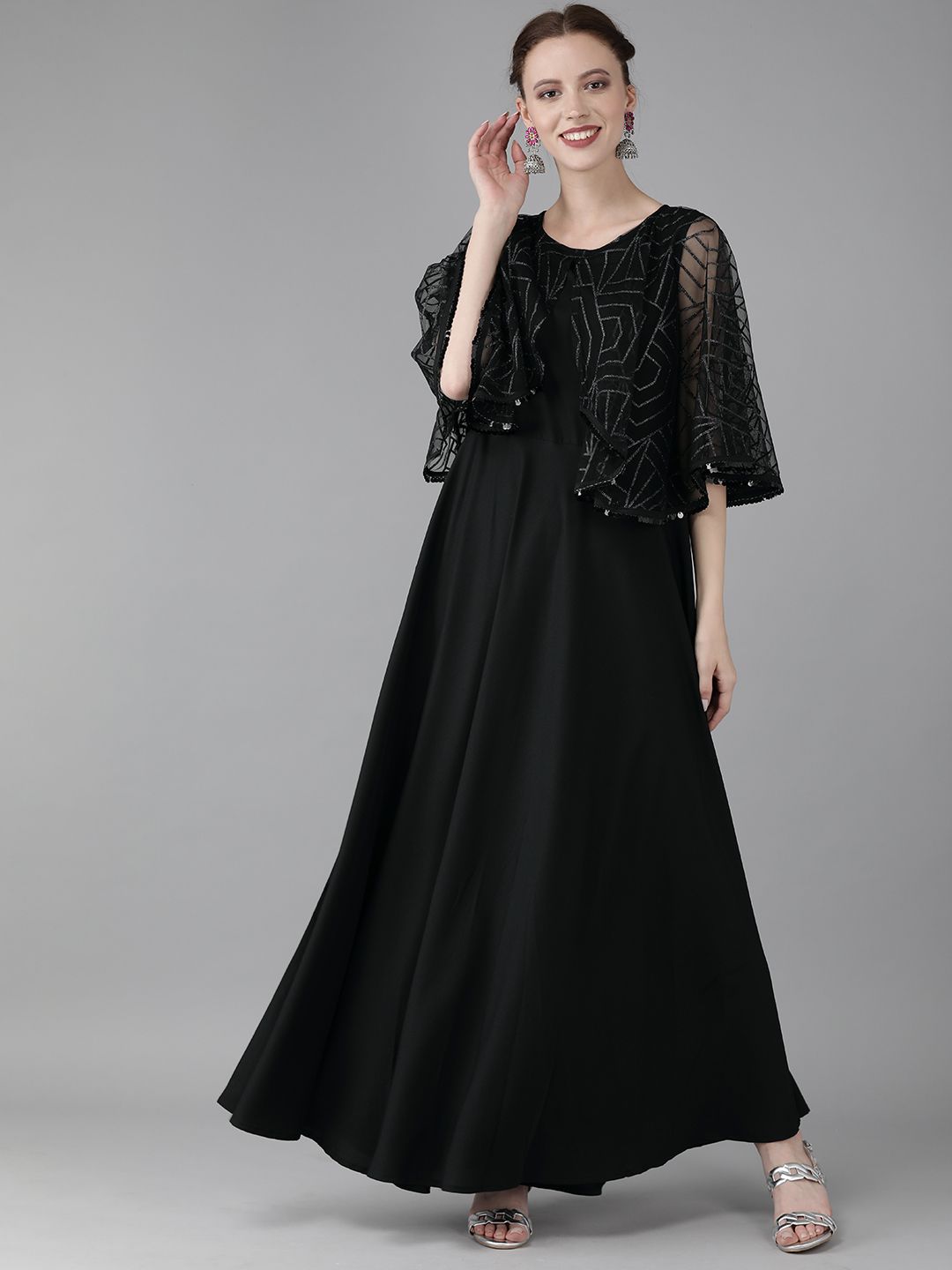 Ahalyaa Women Black Solid Maxi Dress With Embellished Detailing Price in India