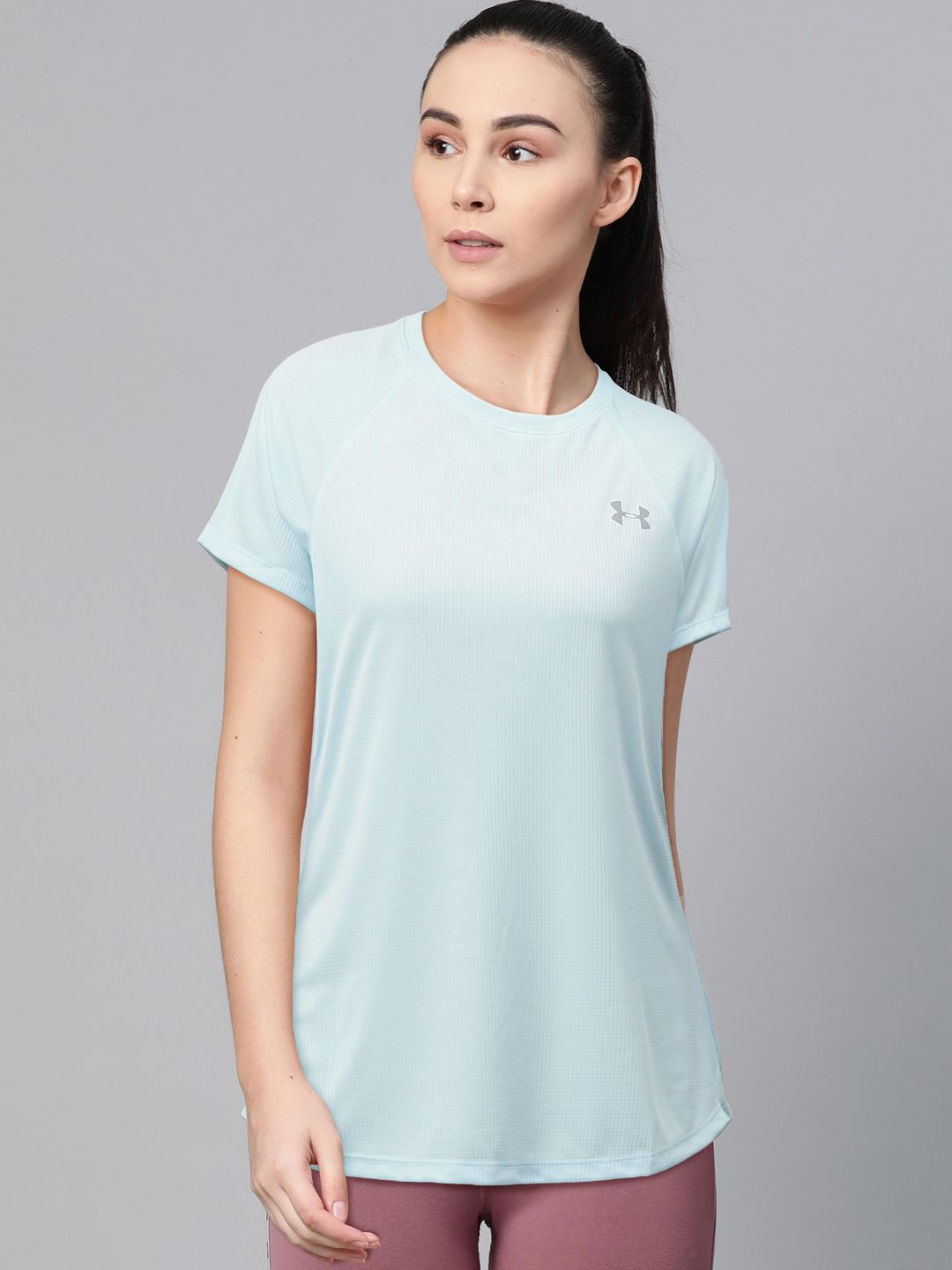 UNDER ARMOUR Women Blue Speed Stride Self Checked Round Neck Running T-shirt