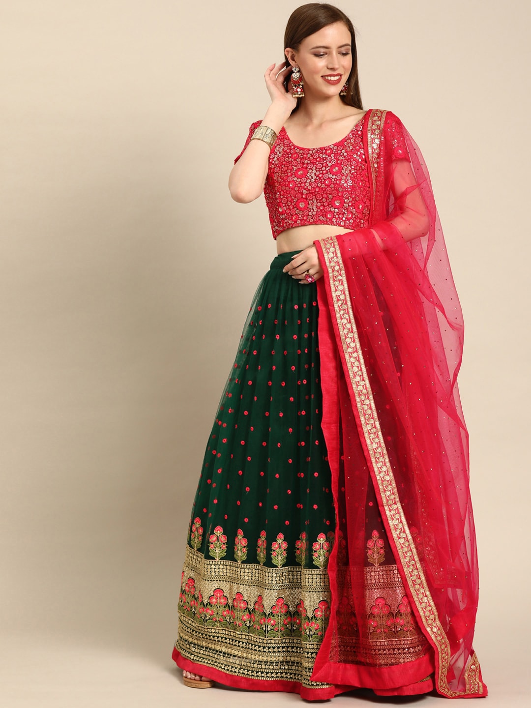 Shaily Green & Magenta Embroidered Semi-Stitched Lehenga & Blouse with Dupatta Price in India
