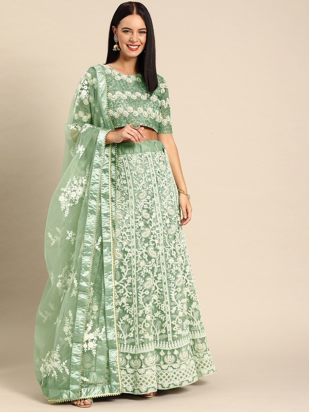 Shaily Sea Green Embroidered & Sequin Semi-Stitch Lehenga & Unstitched Blouse with Dupatta Price in India