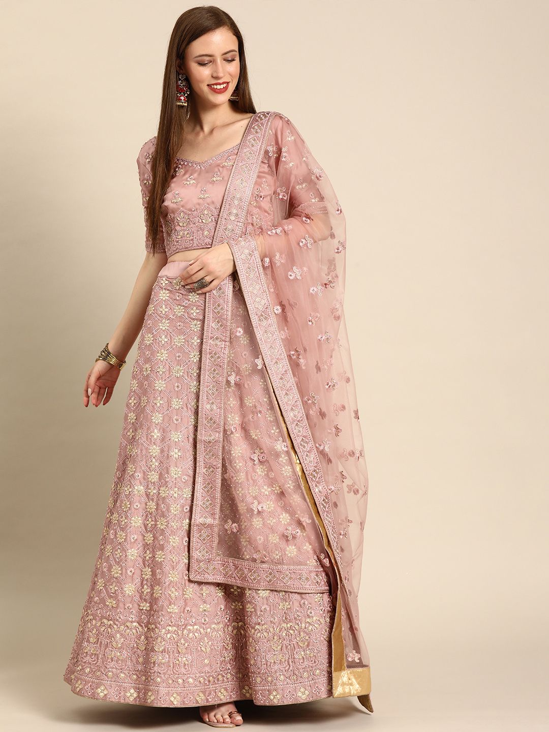 Shaily Pink Semi-Stitched Embroidered Lehenga & Blouse with Dupatta