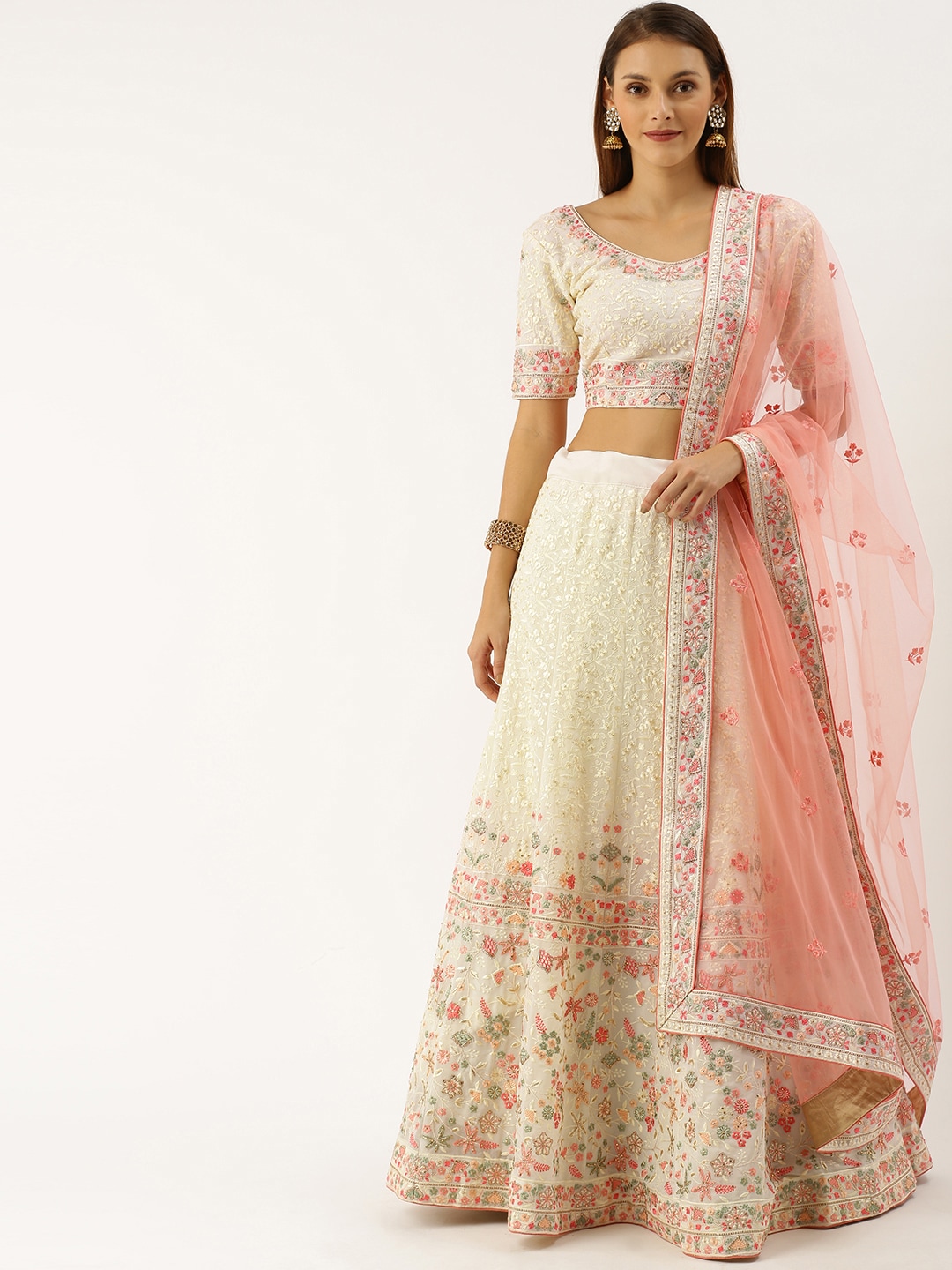 Shaily Off-White & Pink Embroidered Semi-Stitched Lehenga & Blouse with Dupatta Price in India