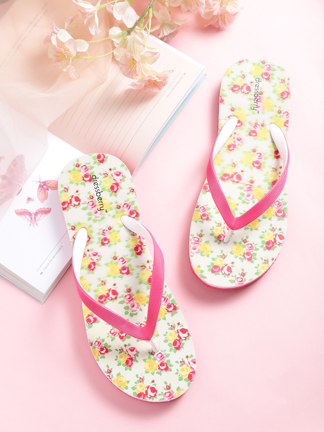 DressBerry Women Pink & Off-White Printed Thong Flip-Flops Price in India