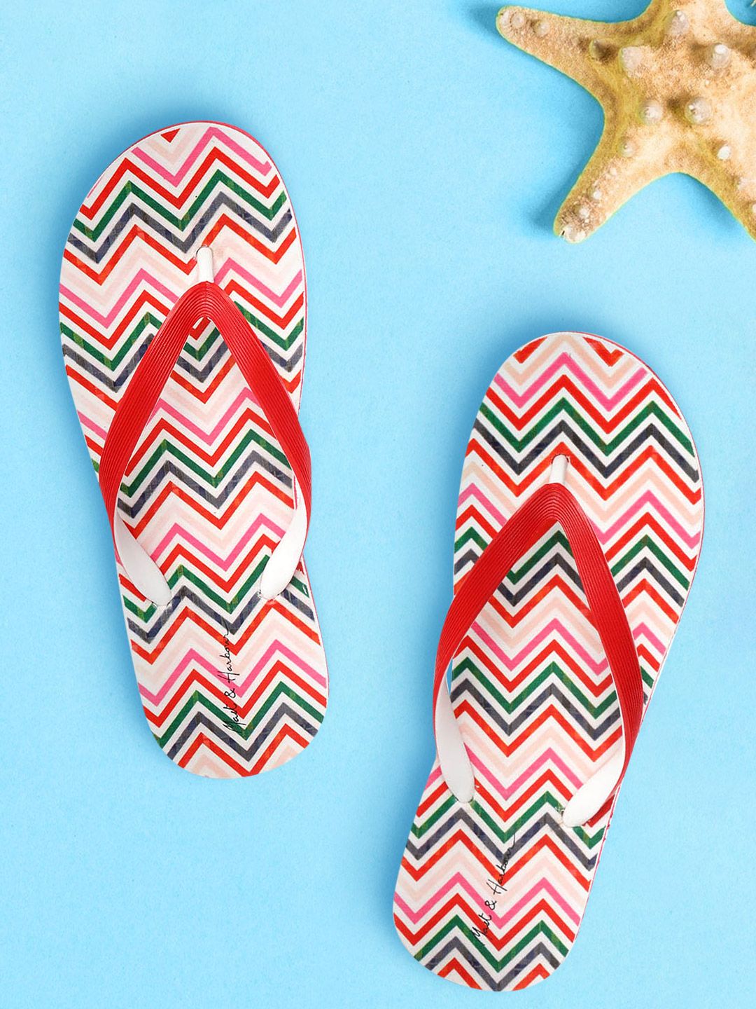 Mast & Harbour Women Red & Pink Chevron Print Thong Flip-Flops