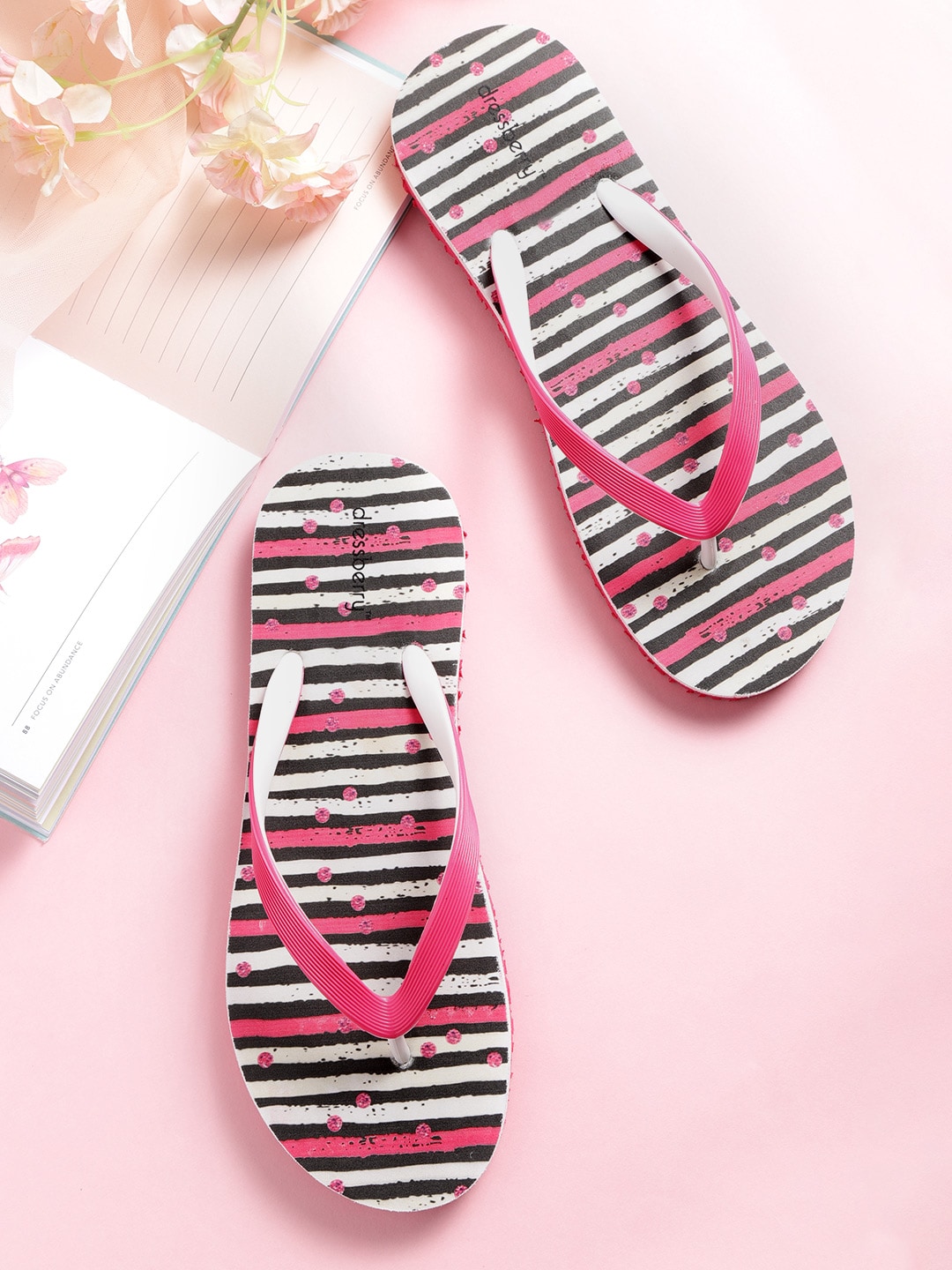 DressBerry Women Pink & Black Striped Thong Flip-Flops Price in India