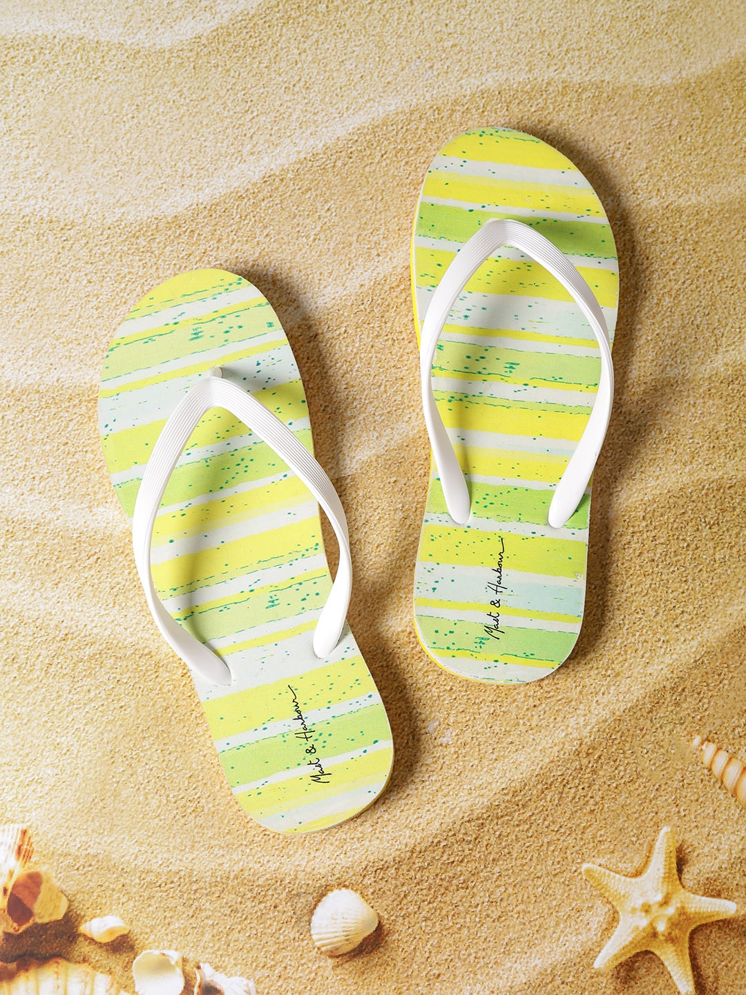 Mast & Harbour Women White & Yellow Striped Thong Flip-Flops Price in India