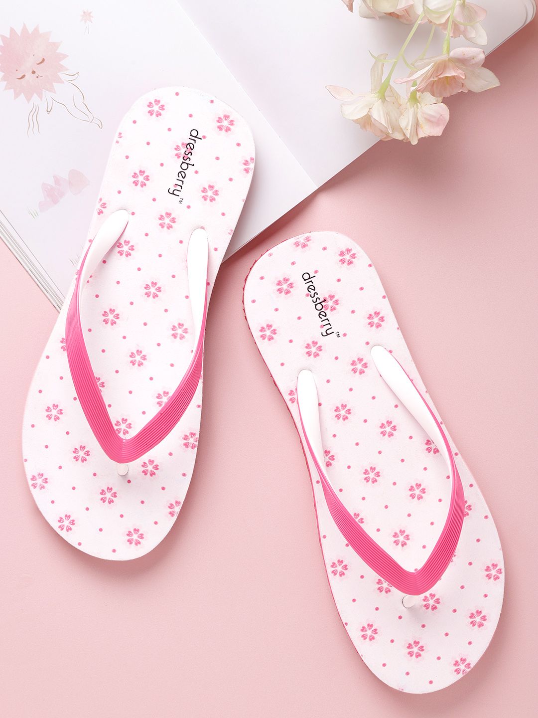 DressBerry Women Pink & White Floral Print Thong Flip-Flops Price in India