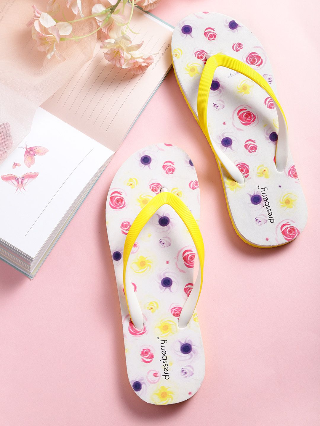 DressBerry Women Yellow & White Printed Thong Flip-Flops Price in India