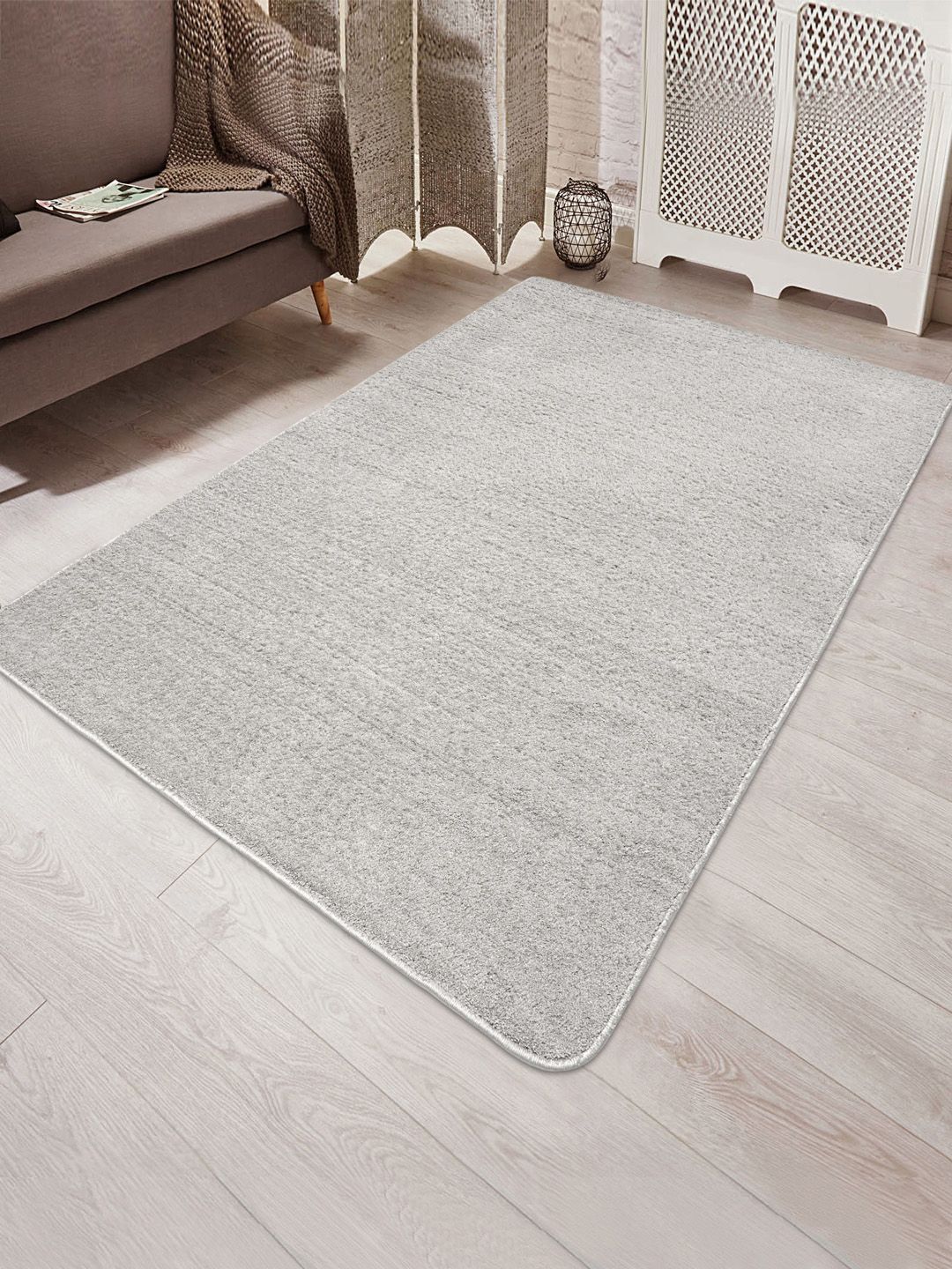 Saral Home Grey Solid Shaggy Anti-Skid Carpet Price in India