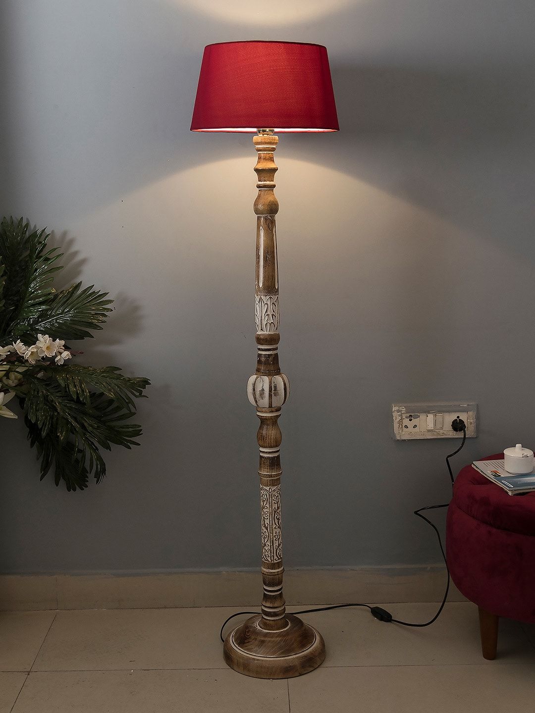 Homesake Red Solid Handcrafted Floor Lamp with Shade Price in India