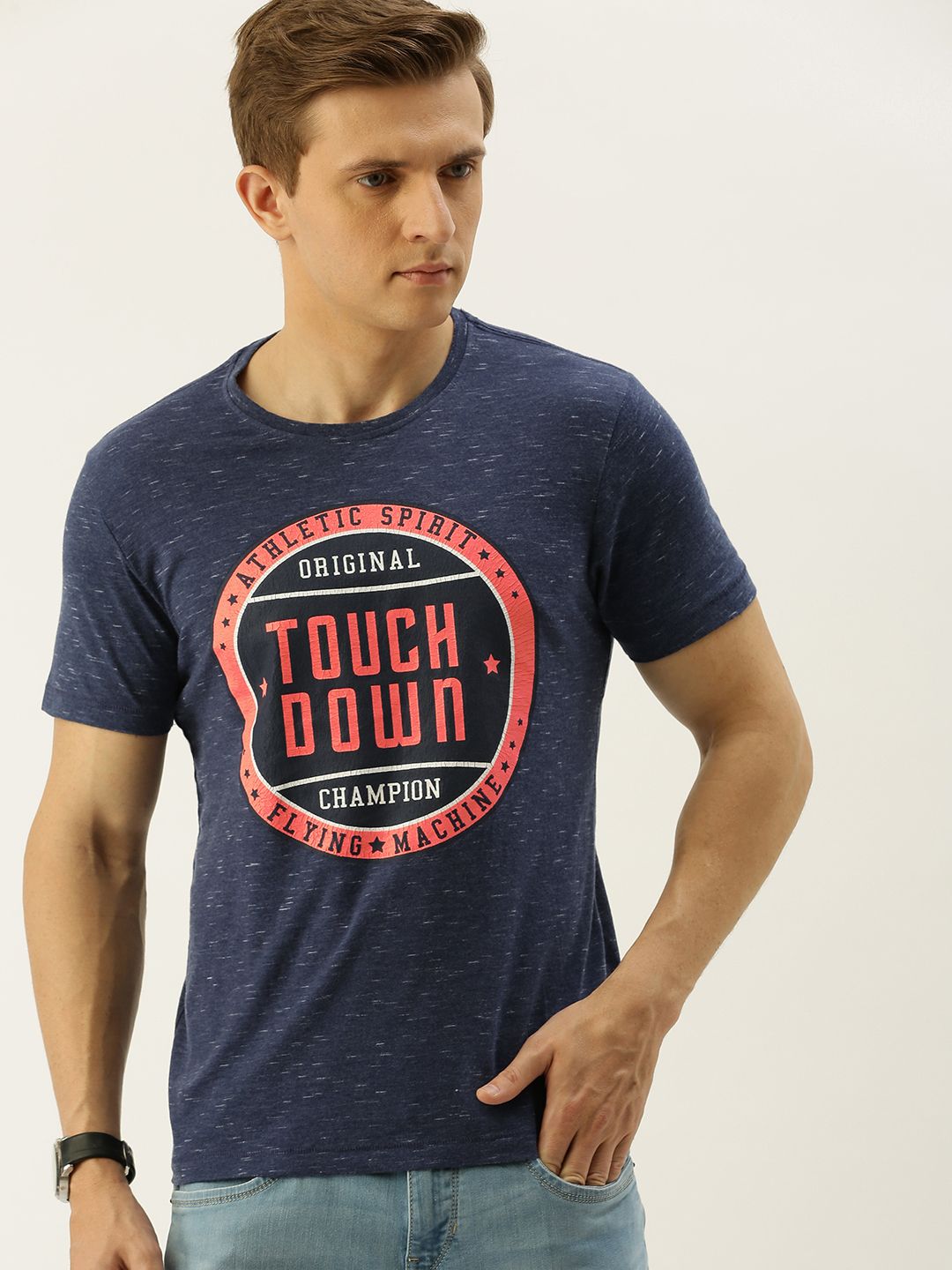 Flying Machine Men Blue Printed Slim Fit Round Neck T-shirt