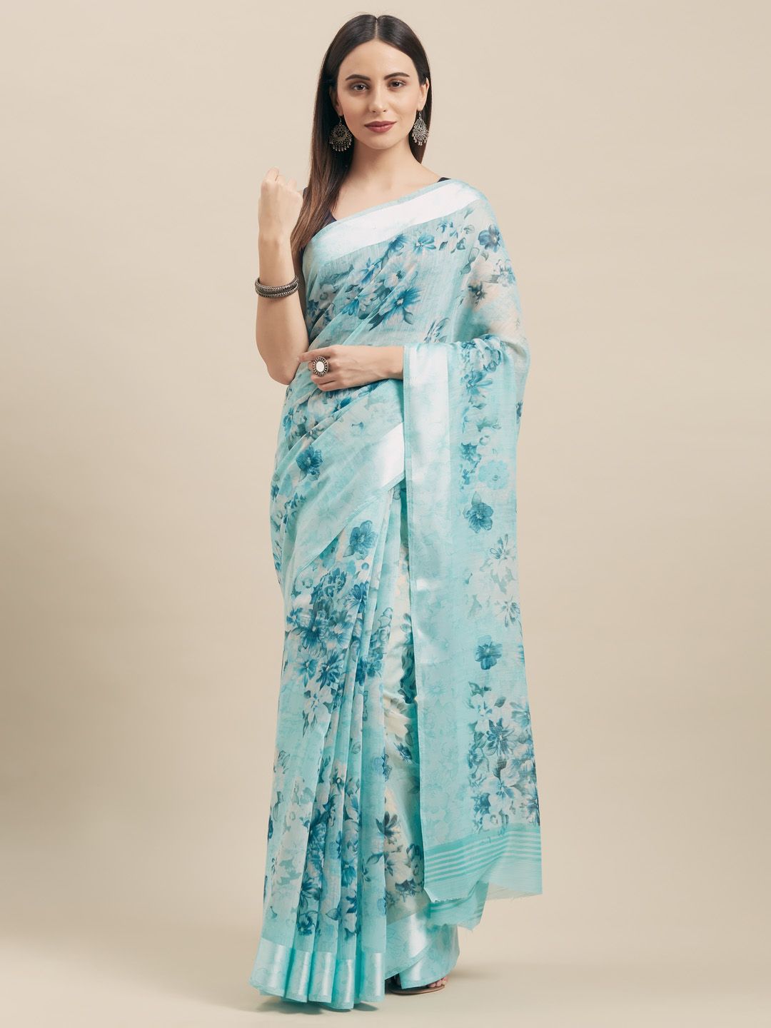 Vaamsi Sea Green & White Cotton Blend Printed Saree