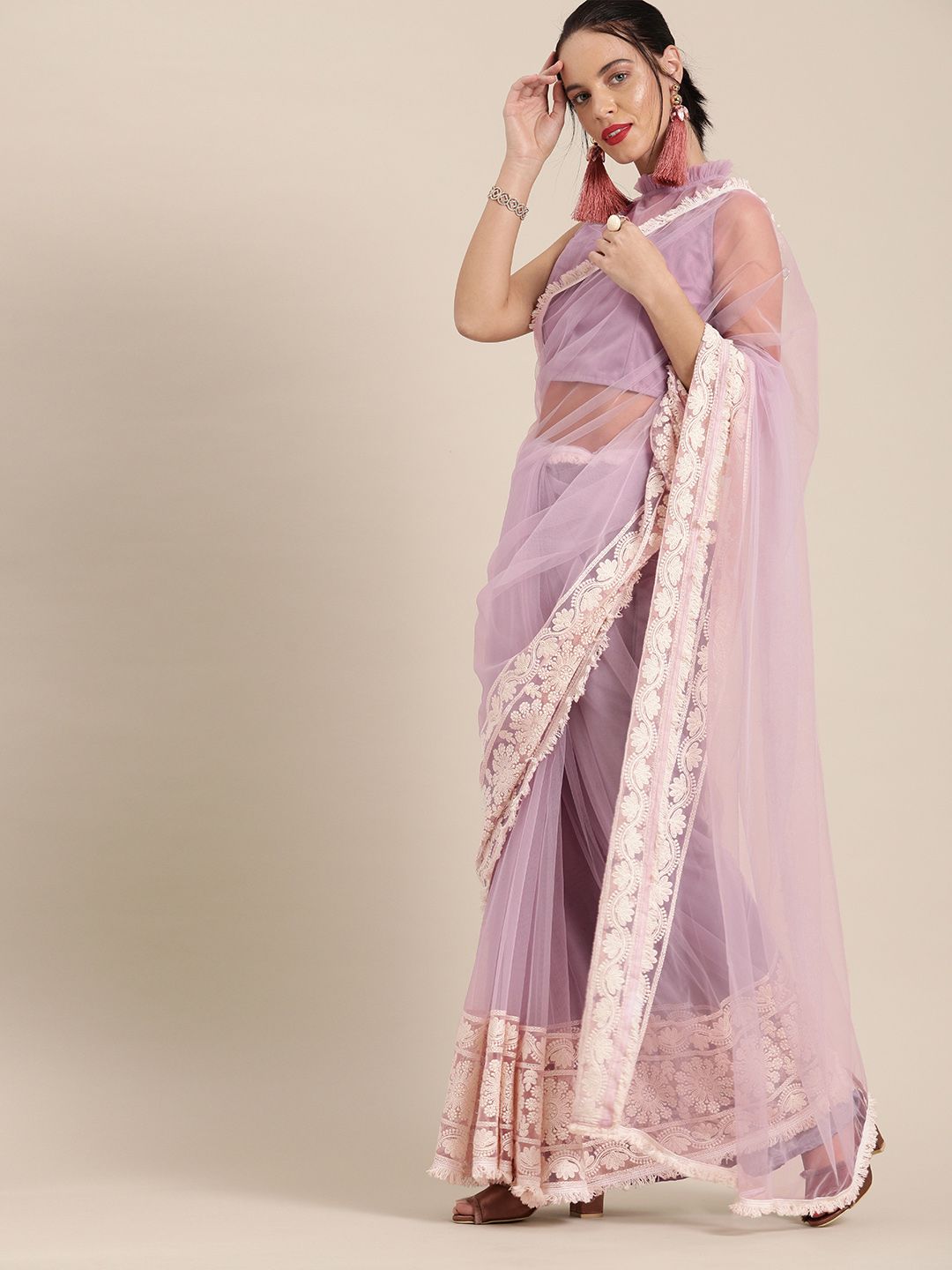 Inddus Lavender Solid Net Saree With Embroidery