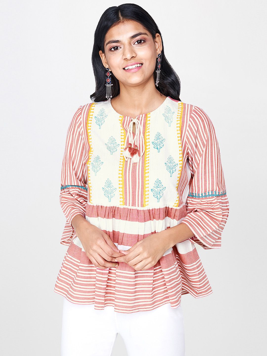 Global Desi Women Red & Off-White Striped Pure Cotton Top