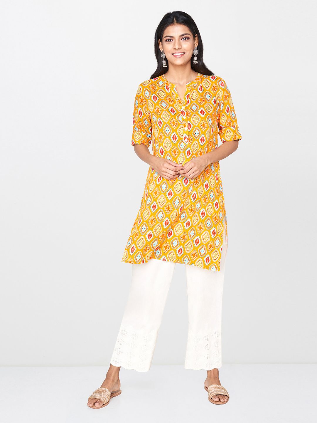 Global Desi Women's Mustard Yellow & Red Printed Tunic Price in India