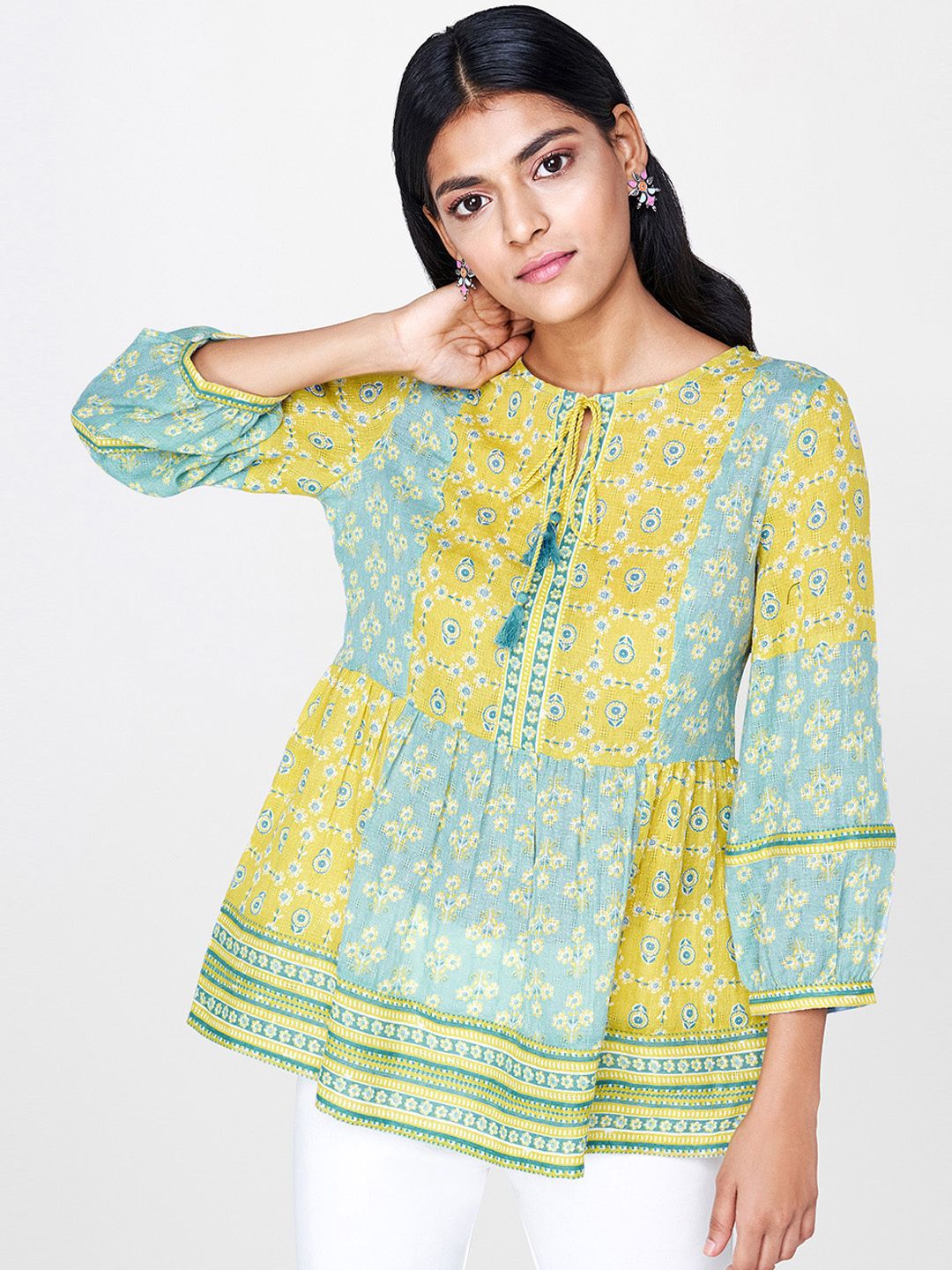 Global Desi Women Yellow & Teal Blue Floral Printed Empire Top with Tie-up Neck