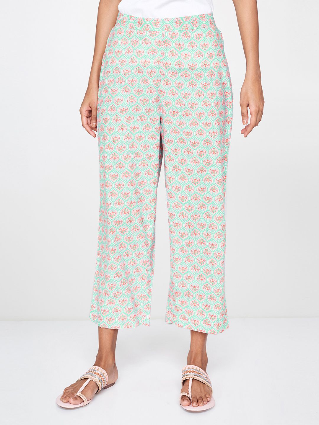 Global Desi Women Blue & Pink Straight Fit Printed Parallel Trousers Price in India