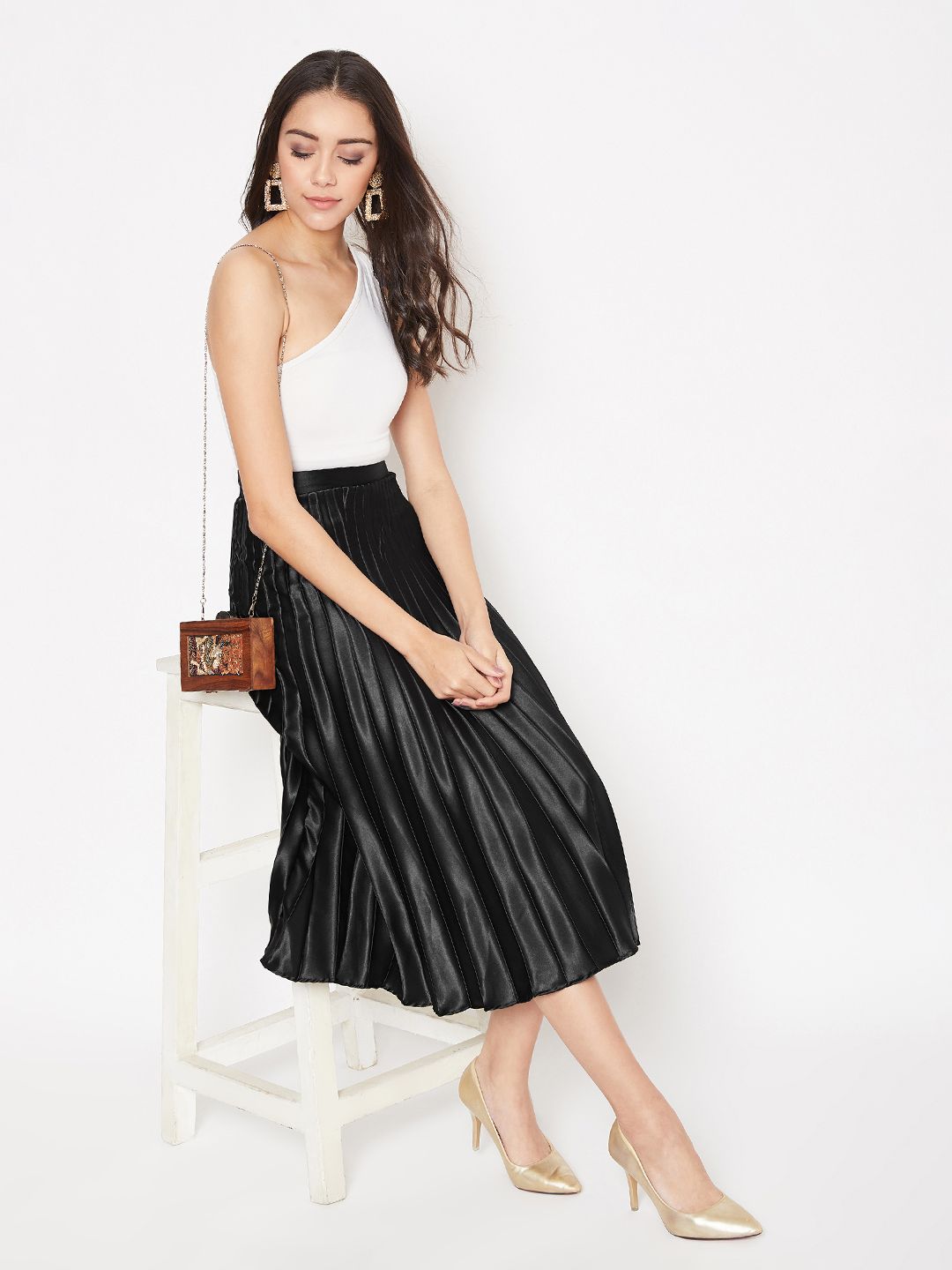 Uptownie Lite Black Satin Pleated Midi Skirt Price in India