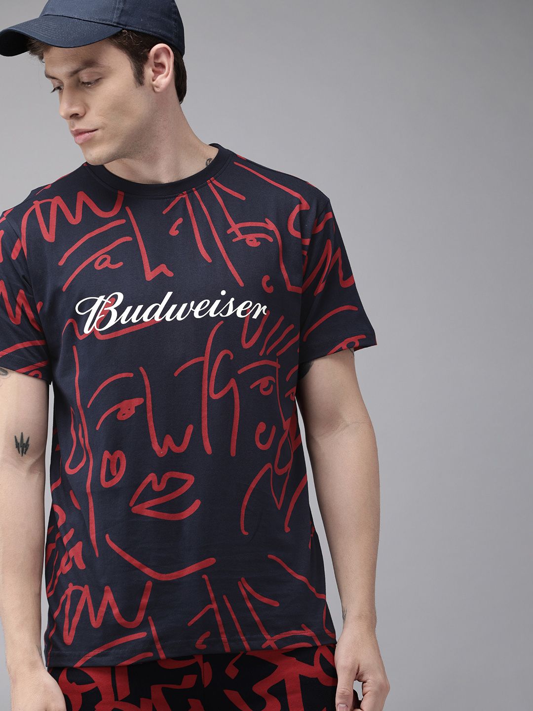 Budweiser Streetwear Co Unisex Navy Blue & Red Printed Round Neck T-shirt