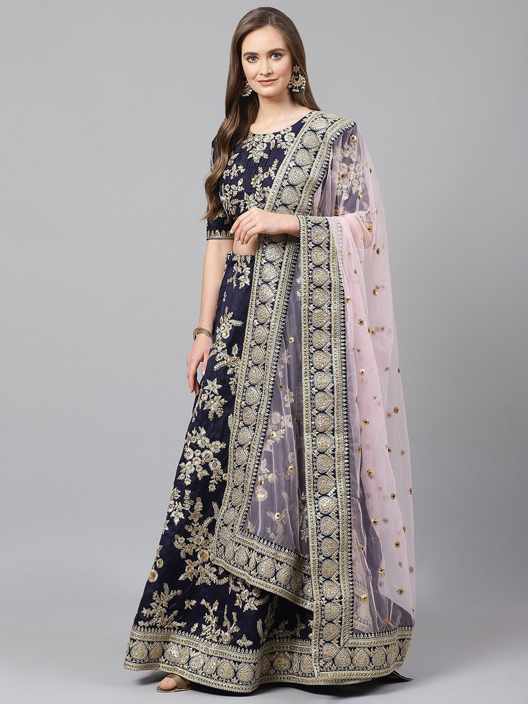 Readiprint Fashions Navy Blue & Golden Semi-Stitched & Unstitched Blouse with Dupatta Price in India