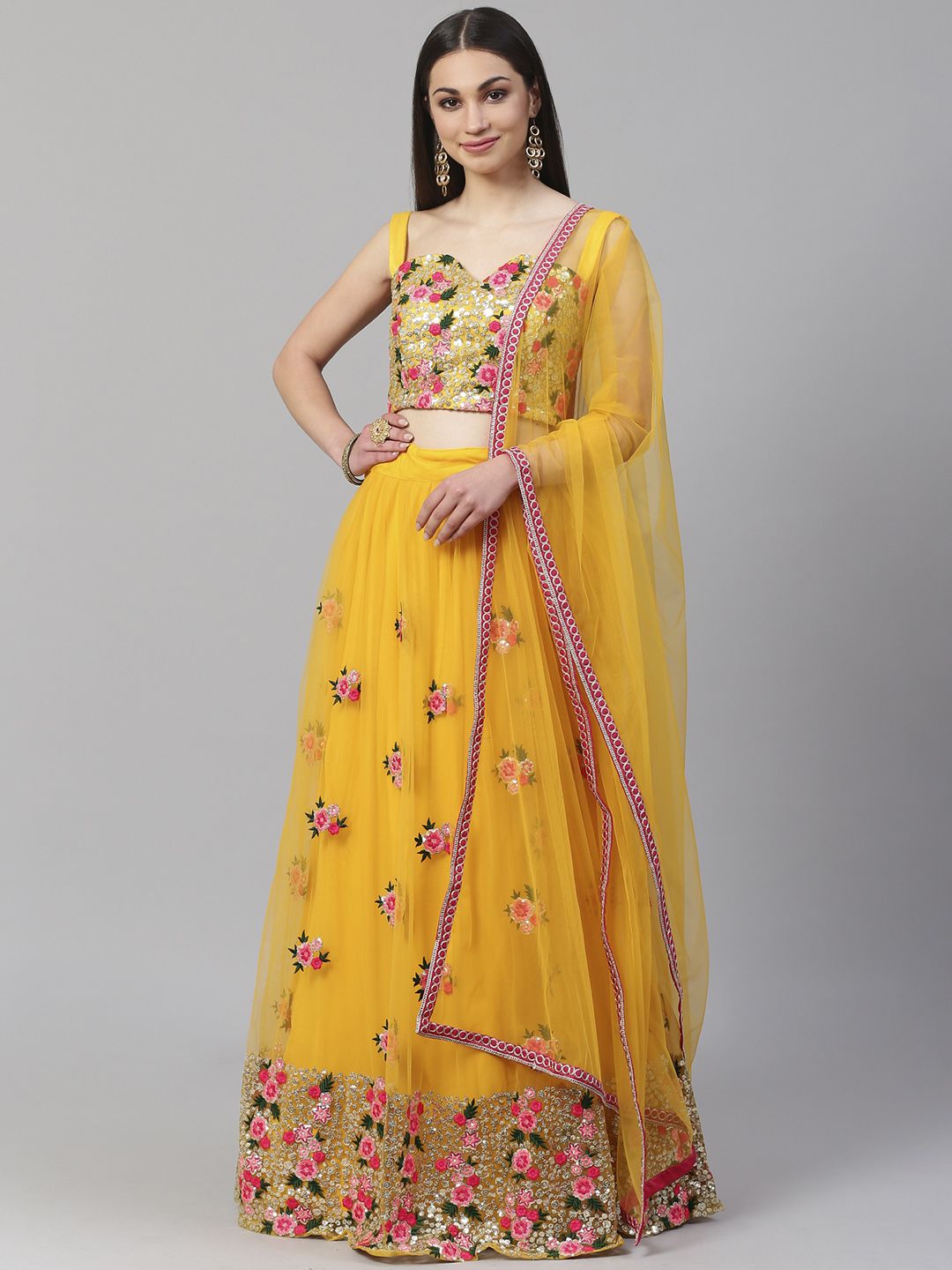 Readiprint Fashions Yellow & Pink Embroidered Semi-Stitched Lehenga & Unstitched Blouse with Dupatta Price in India