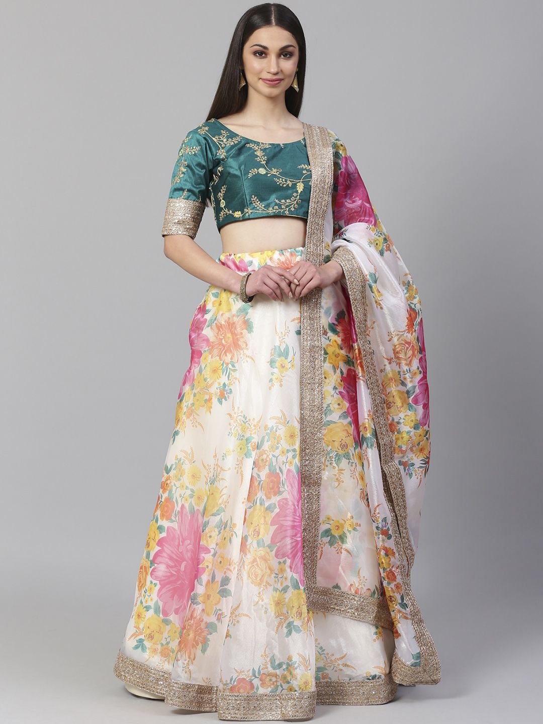 Readiprint Fashions Off-White Semi-Stitched Lehenga & Unstitched Blouse with Dupatta Price in India