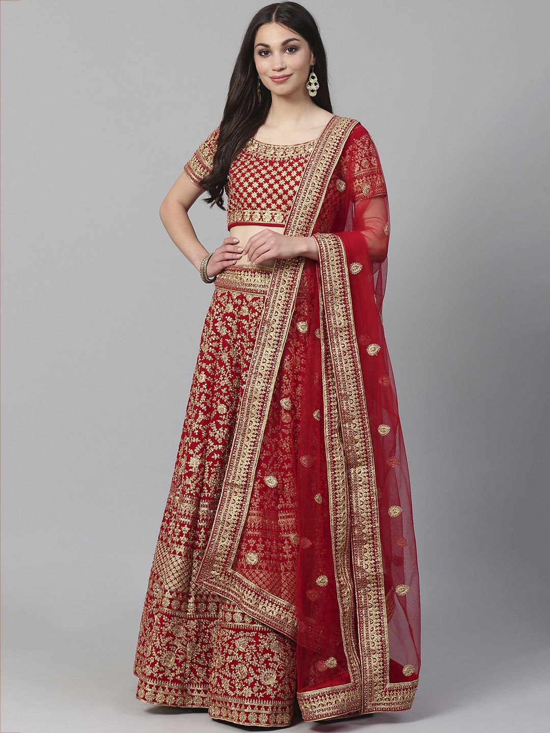 Readiprint Fashions Red & Golden Semi-Stitched Lehenga & Unstitched Blouse with Dupatta