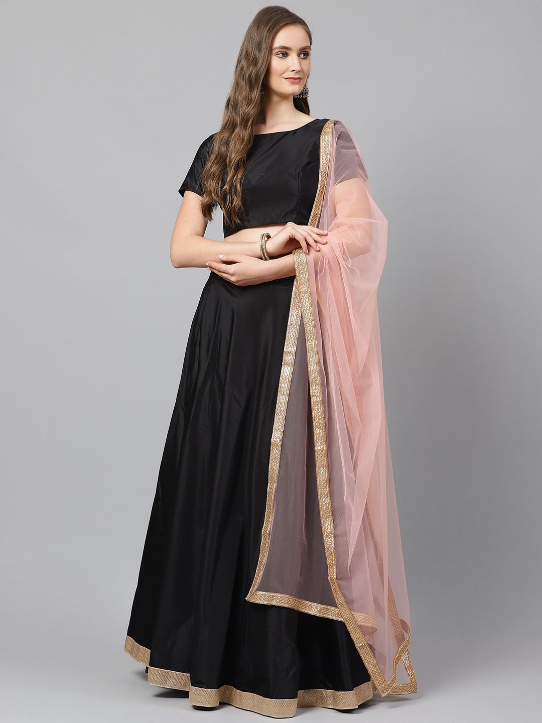 Readiprint Fashions Black & Pink Solid Semi-Stitched Lehenga & Unstitched Blouse with Dupatta Price in India