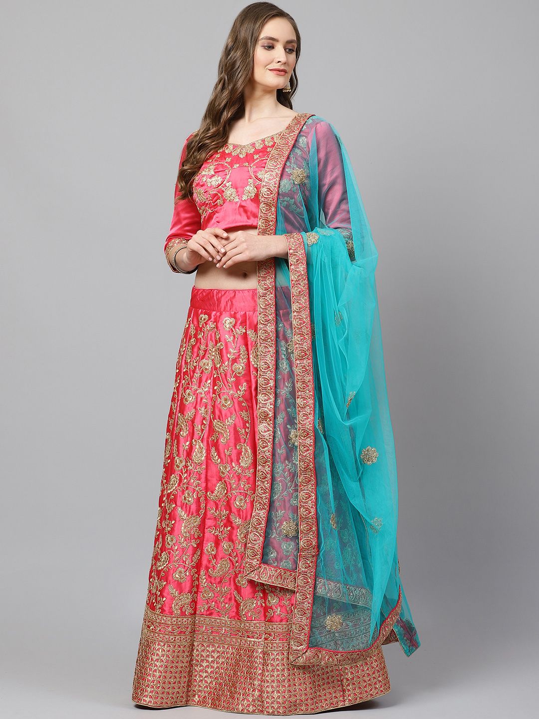 Readiprint Fashions Pink & Gold-Toned Embroidered Semi-Stitched Lehenga & Unstitched Blouse with Dupatta Price in India